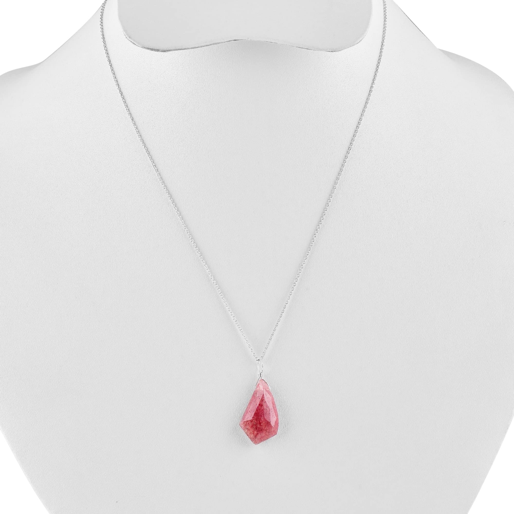 Natural Strawberry Quartz Pendant Necklace - Rhodium Plated 925 Sterling Silver Gemstone Jewelry | Handcrafted Dainty Wire Pendant for Women | Perfect Gift for Birthday, Anniversary & Everyday Elegance