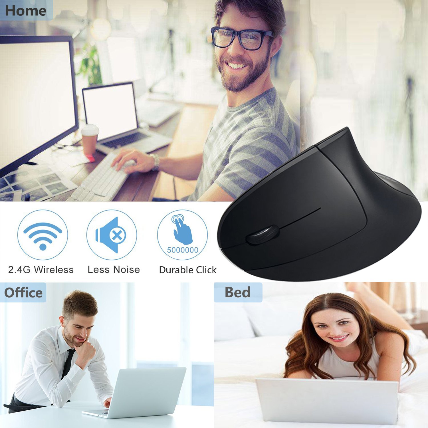 Lekvey Left Handed Mouse - Wireless 2.4GHz Ergonomic Vertical Mouse for Left-Handed Users, USB Receiver, Silent Click, Black | Perfect for Office Work, Gaming & Reducing Wrist Pain
