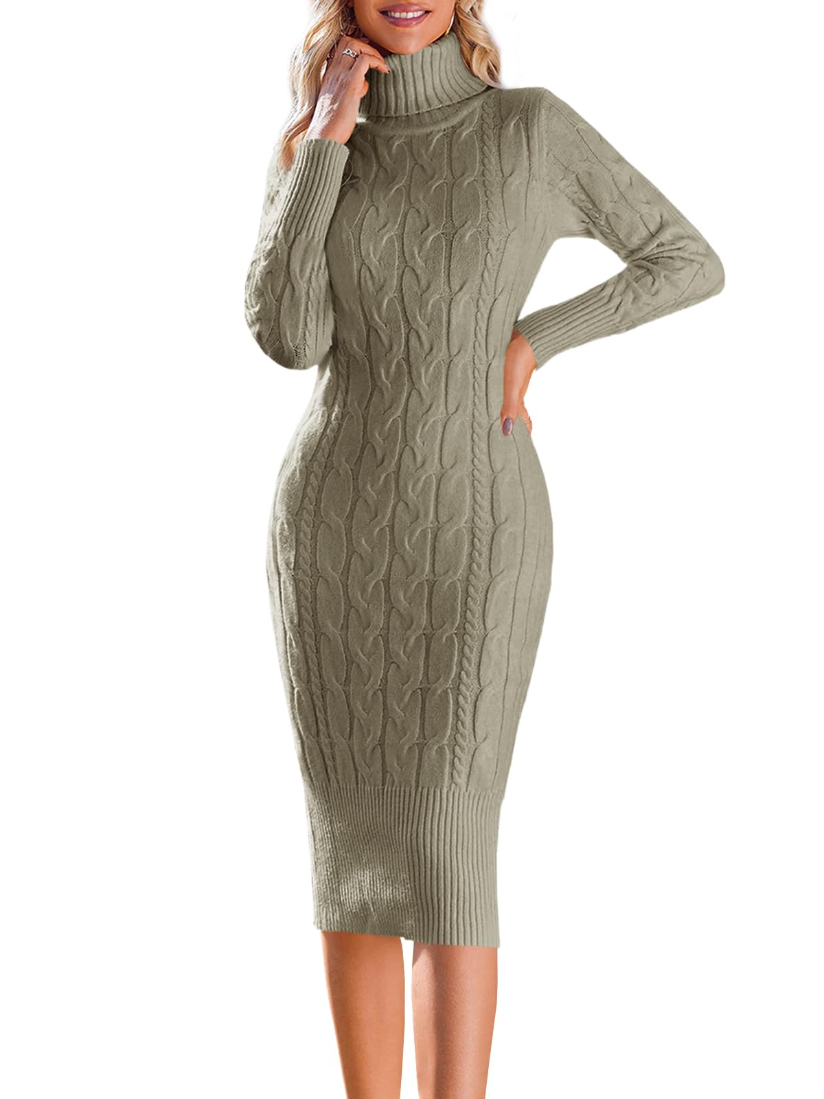 Fangetey Women's Long Sleeve Turtleneck Sweater Dress - Knitted Bodycon Midi Sheath Jumper Dress for Fall Winter Fashion, Office Wear & Casual Outfits