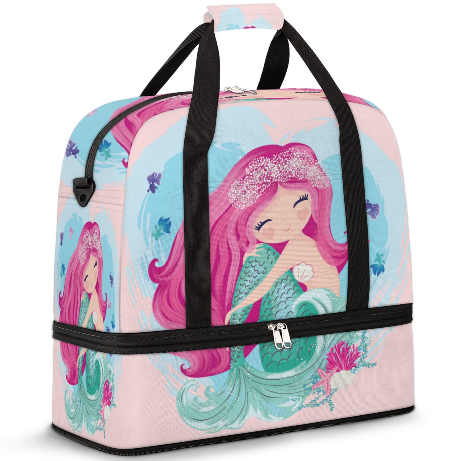 Waterproof Mermaid Print Sports Duffle Bag with Shoe Compartment - Lightweight Travel Weekender Overnight Gym Bag for Men & Women - Perfect for Gym, Beach Trips, Yoga Class and Weekend Getaways