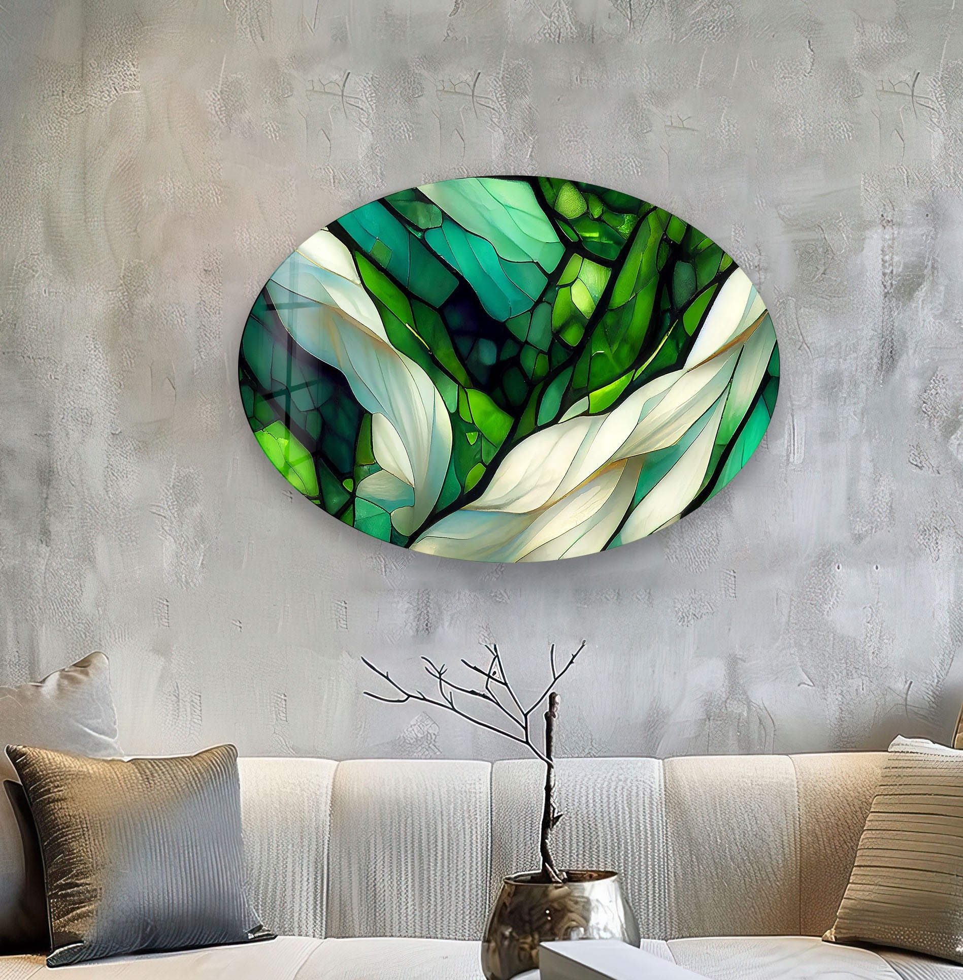 Handmade Asymmetric Oval Stained Green Fractal Glass Wall Art - Modern Abstract Home Decor for Living Room, Bedroom & Office