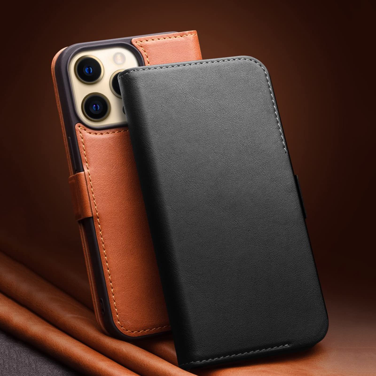 Premium Genuine Leather Wallet Case for iPhone 13 Pro Max/13 Pro/13/13 Mini - RFID Blocking Card Slots, Magnetic Closure & Kickstand (Black, 6.1
