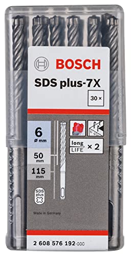 Bosch 2608576192 SDS-Plus-7 Hammer Drill Bit Set - 6mm x 4.53Inch (30 Pcs) - Professional Masonry Concrete Drilling for Construction, Renovation & DIY Projects