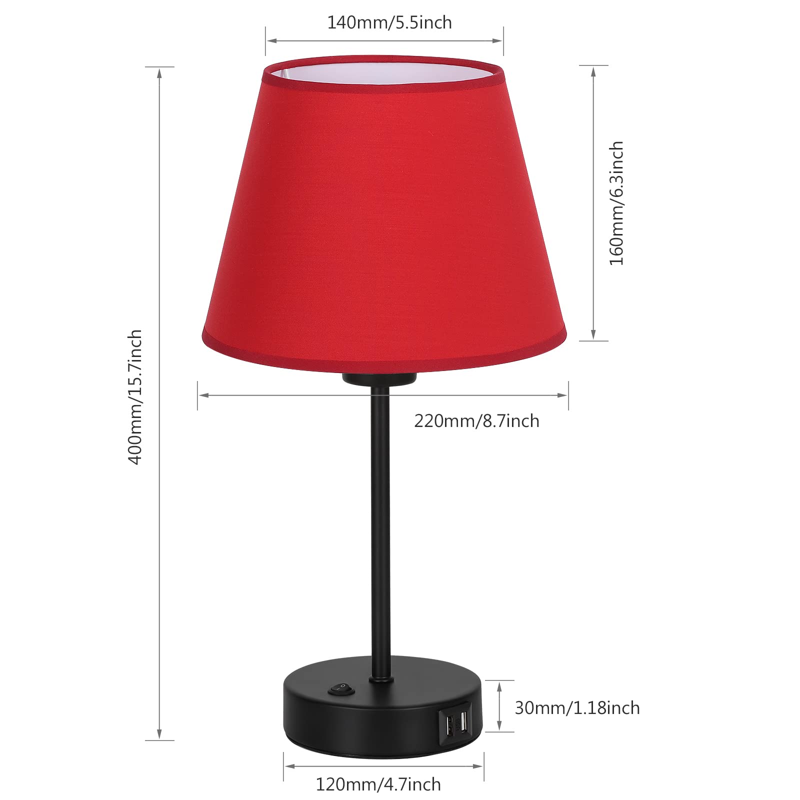 Set of 2 USB Table Lamps with Red Fabric Shade - Bedside Nightstand Lamps for Bedroom, Living Room, Study & Office - Perfect for Reading, Working & Creating Cozy Ambience