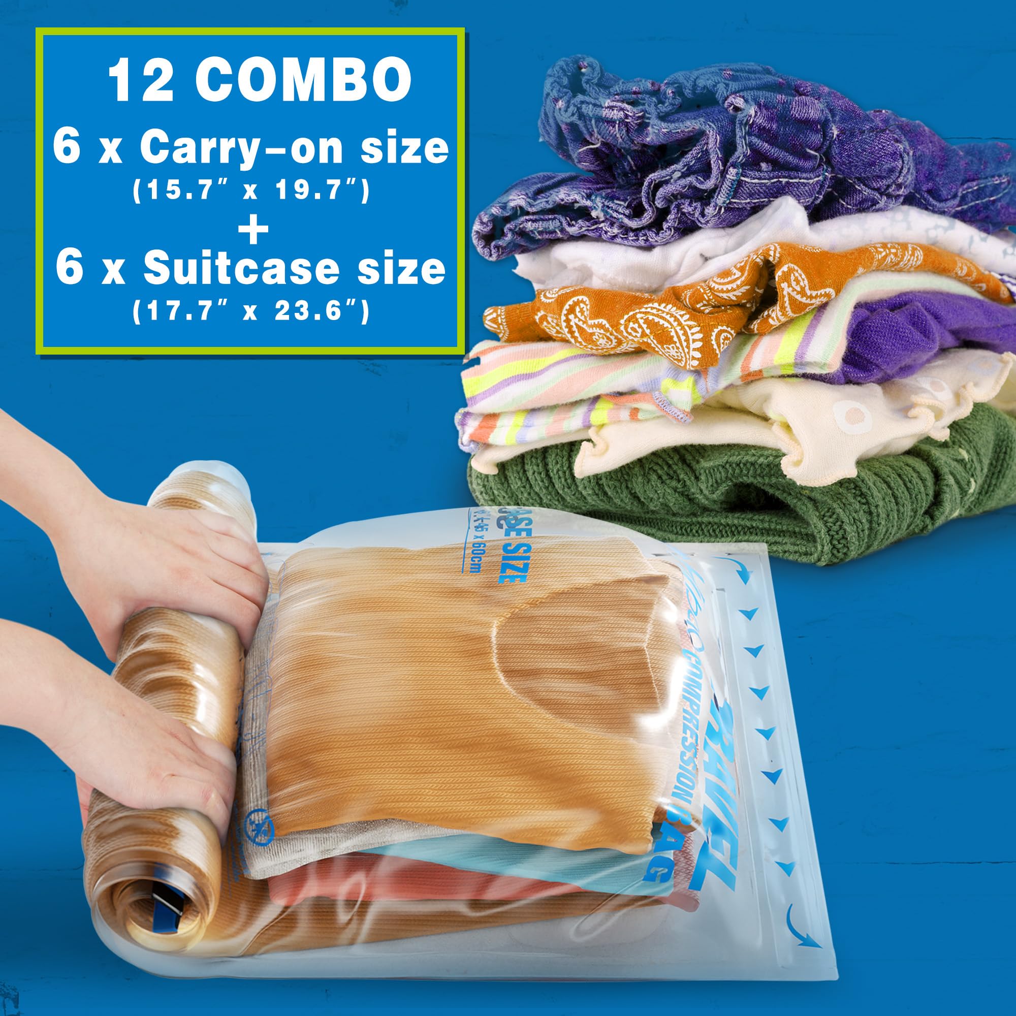 HIBAG 12-Pack Travel Compression Bags - Vacuum Seal Space Saver Storage Bags for Clothes, Blankets & Travel Essentials | Perfect for Cruise, Camping & Airplane Luggage Organization