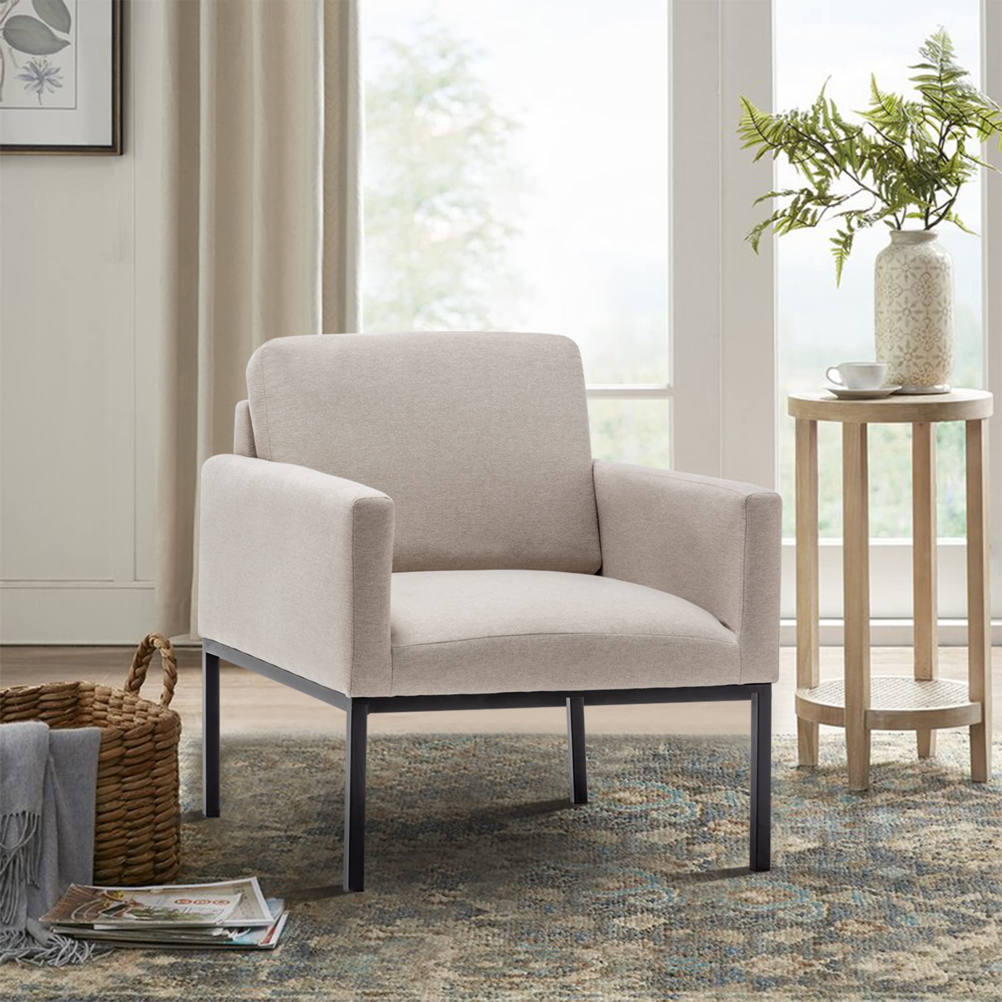 Andeworld Mid-Century Modern Accent Chair - Light Khaki Upholstered Armchair for Living Room, Bedroom & Apartment - Perfect for Reading, Lounging & Relaxing - Elegant Home Decor & Comfortable Seating Solution