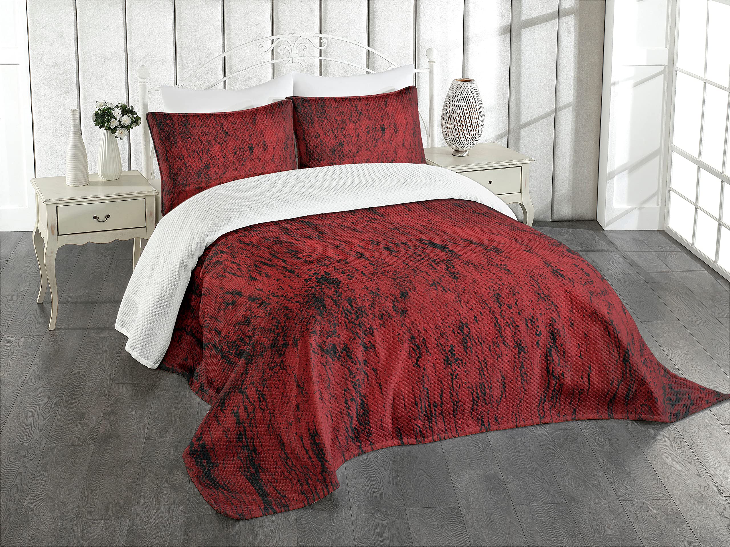 Ambesonne Vintage Abstract Bedspread Set - 3 Piece King Size Bedding with Grungy Distressed Pattern in Black & Red | Perfect for Bohemian Bedroom Decor, Guest Room Makeover, and Cozy Home Styling