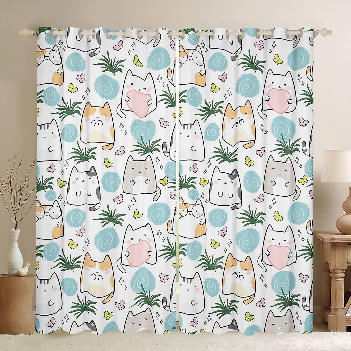 Erosebridal Kids Kawaii Cats Blackout Curtains - Cute Butterfly & Botanical Plants Design, 76
