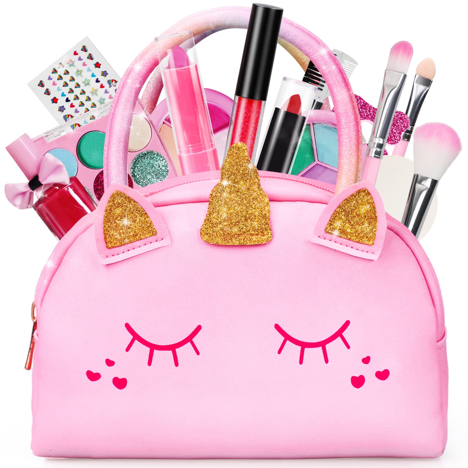 TOY Life Kids Real Make Up Kit for Girls - Washable & Non-Toxic Cosmetic Set with Pink Unicorn Bag - Pretend Play Dress Up Toys for Toddlers Ages 3-12 - Perfect for Birthday Gifts, Role Play & Dress Up Parties