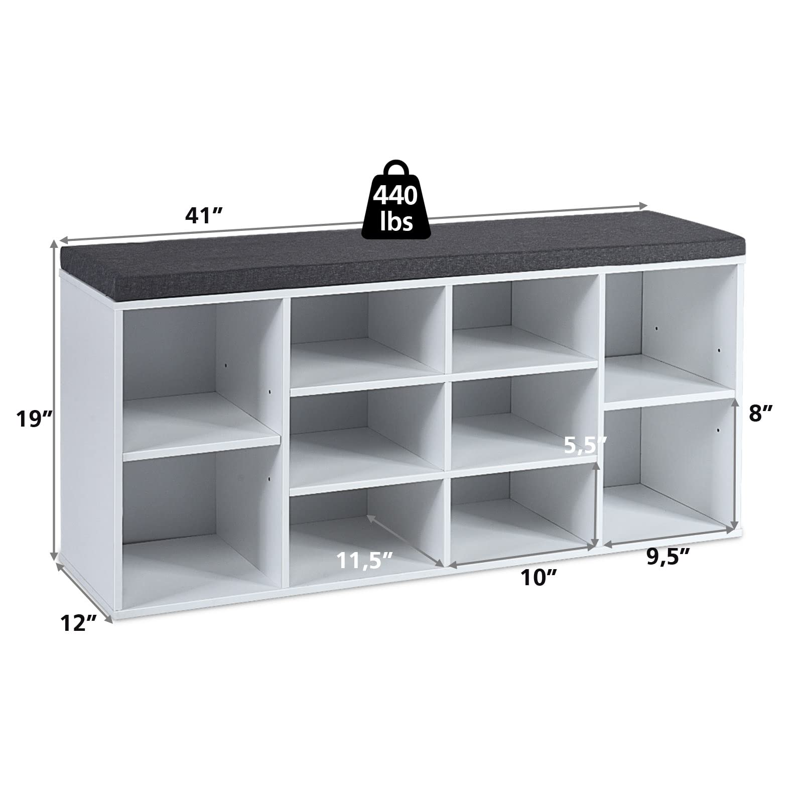 Giantex Shoe Storage Bench with Cushion - 10-Cubbies Adjustable Shoe Organizer for Entryway, Living Room, Bedroom | Entryway Shoe Rack Bench with Adjustable Shelves | Perfect for Hallway, Closet & Mudroom Organization (White)