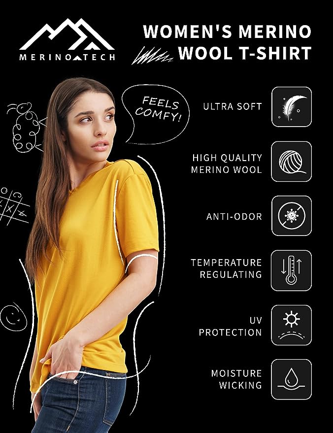 Women's Merino Wool T-Shirt - 165 Heather Pink Crewneck with Bonus Socks | Soft, Breathable & Warm Base Layer for Hiking, Travel & Everyday Wear