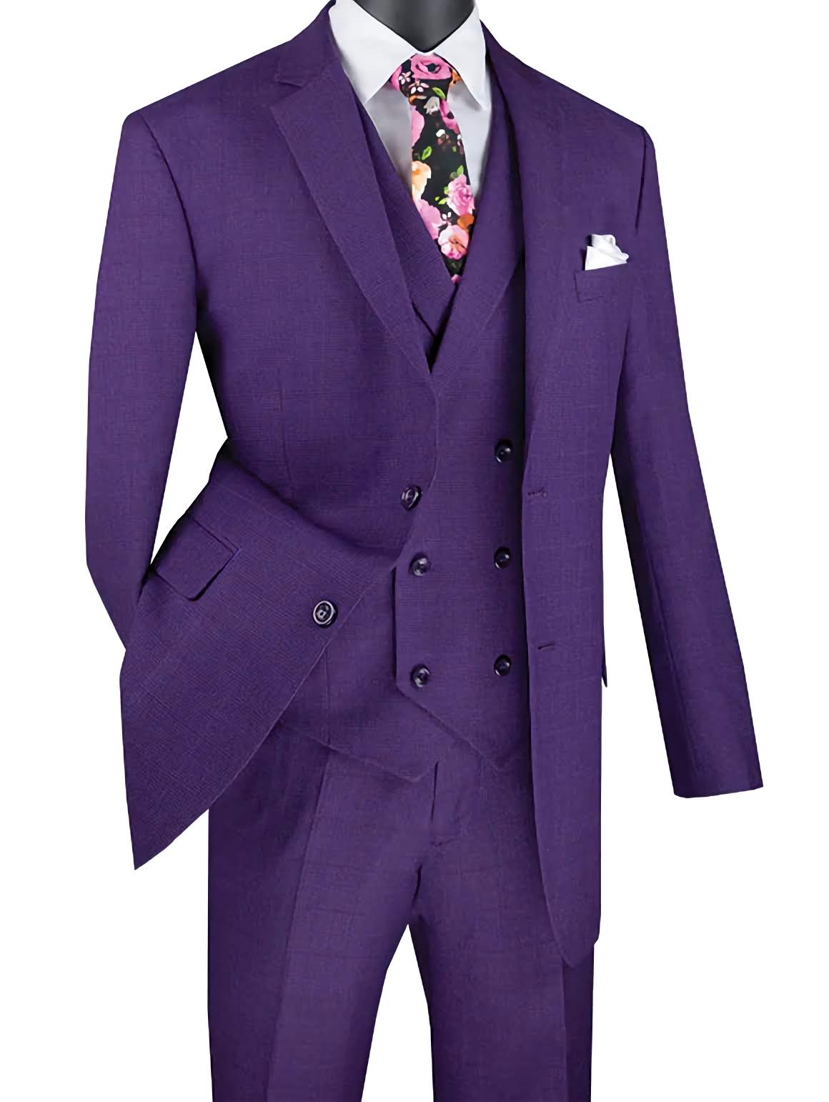 Victoria Collection Men's Purple Glen Plaid 3-Piece Suit - Regular Fit 2-Button Business Formal Attire for Weddings, Office & Special Occasions