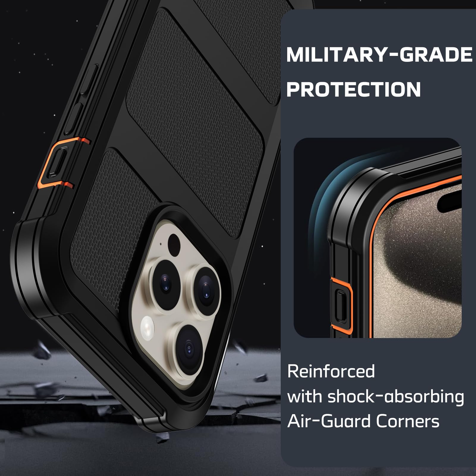 Rugged iPhone 15 Pro Max Case with Built-in Screen Protector - Military Grade Drop Protection, Shockproof Phone Cover with Kickstand & Belt Clip Holster for 6.7