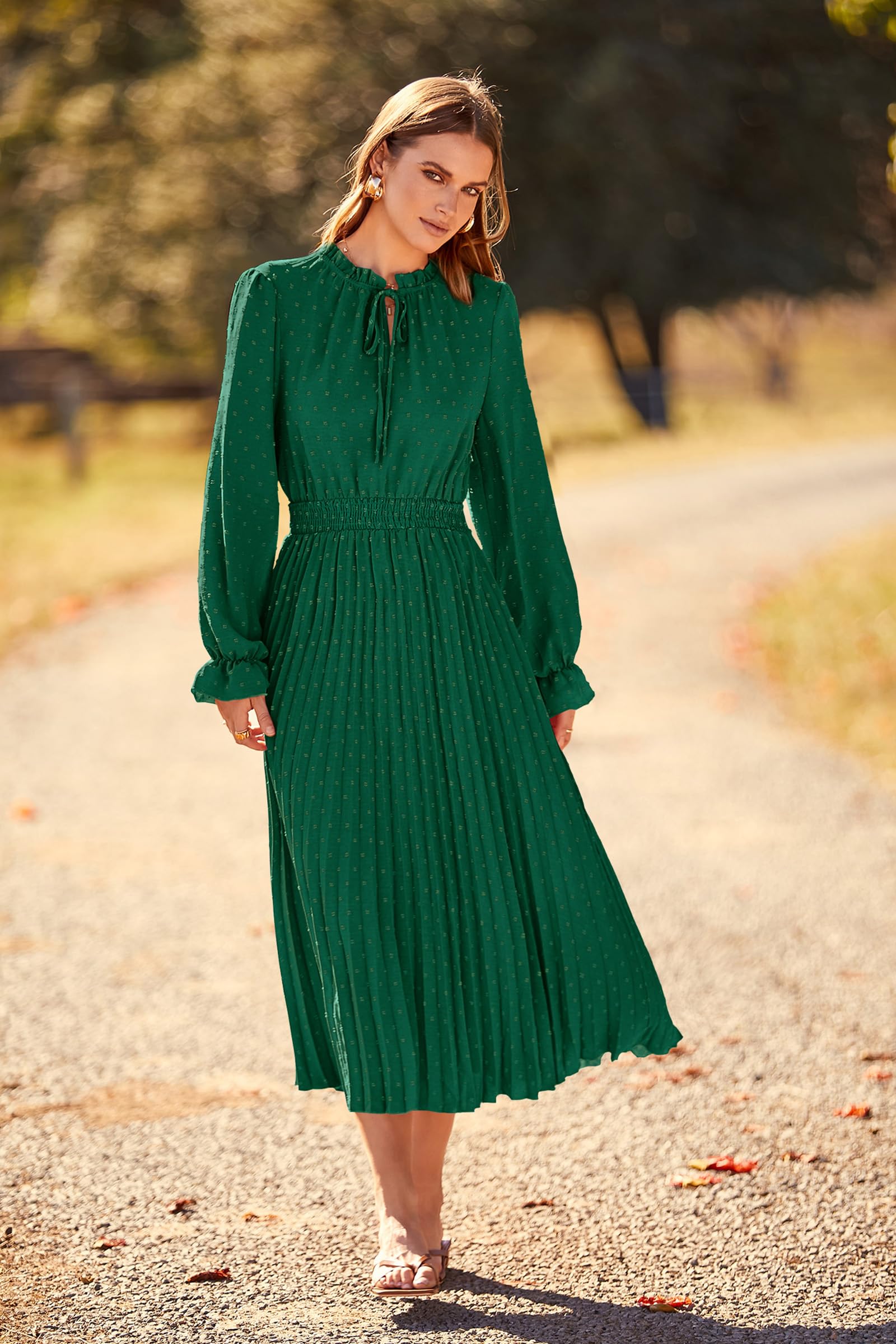 PRETTYGARDEN Women's 2025 Spring Fall Midi Dress - Casual Long Sleeve V-Neck Swiss Dot Pleated A-Line Flowy Dress for Work, Date Night & Special Occasions