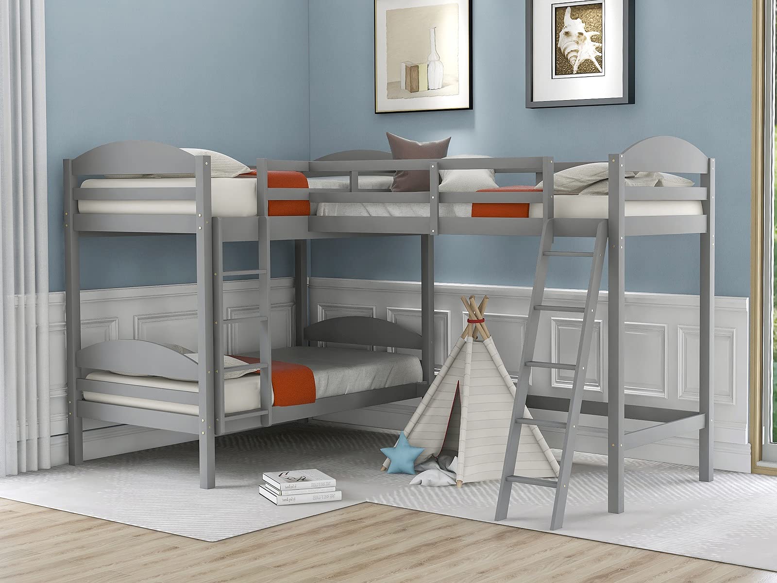 L-Shaped Corner Bunk Bed with Ladder & Guardrail - Twin Over Twin Triple Loft Bed Frame for Kids, Teens & Adults - Space Saving Wooden Bunk Bed for Small Rooms, Dormitories & Shared Bedrooms (Gray)