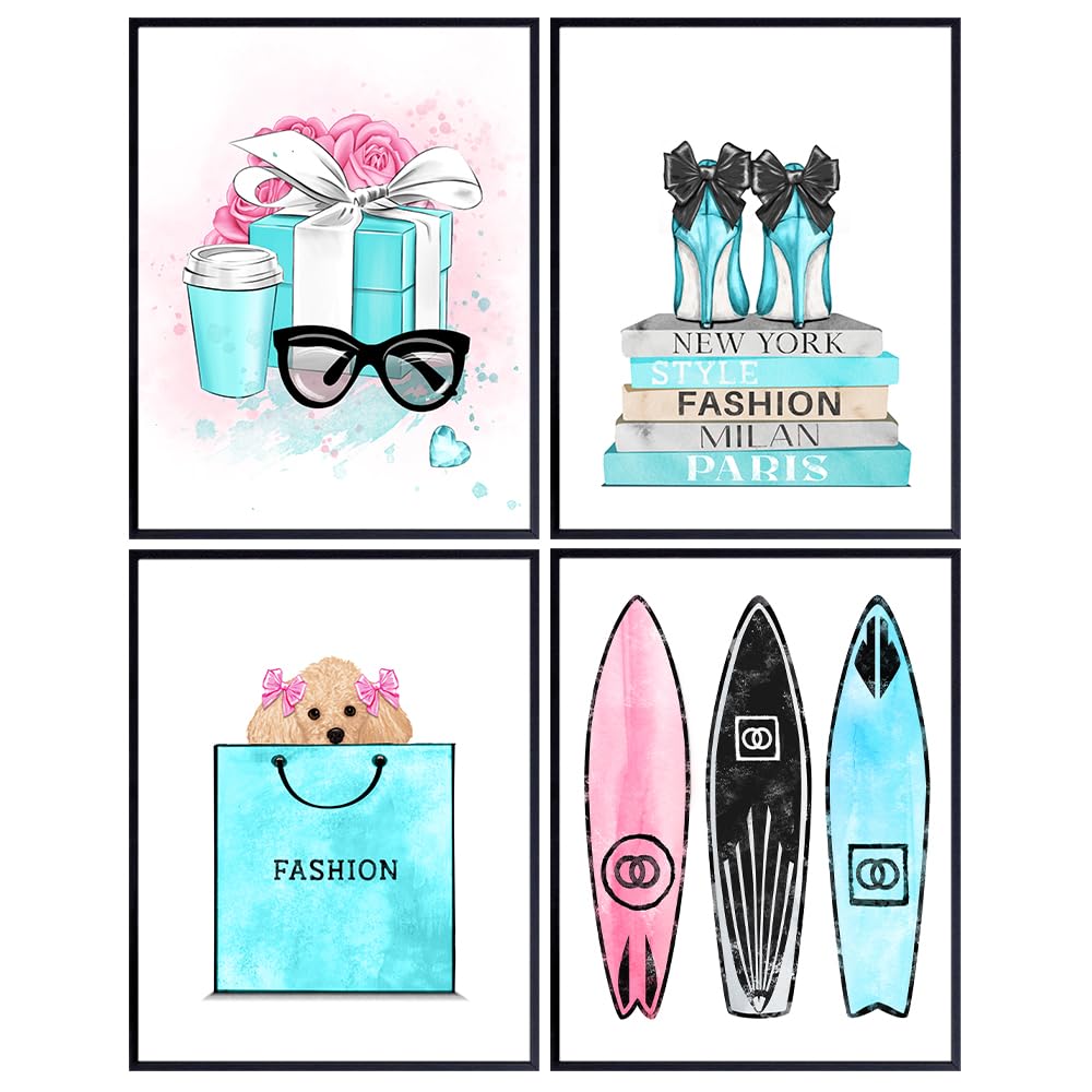 Yellowbird Art & Design Glam Wall Art & Decor - Fashion Designer Poster Set - Luxury Home Decor for Women & Teens - Pink Blue Bling Glamour Wall Art - Haute Couture Gift for Bedroom, Living Room & Dorm Decor