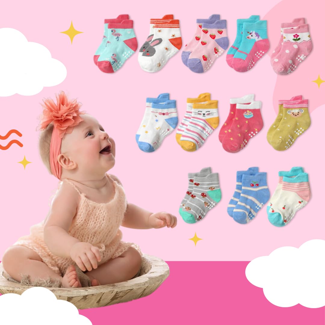 Non-Slip Cotton Kids Ankle Socks with Grips - 12 Pairs Anti-Skid Toddler Socks for Boys & Girls (1-7 Years) - Perfect for Playtime, School & Indoor Activities
