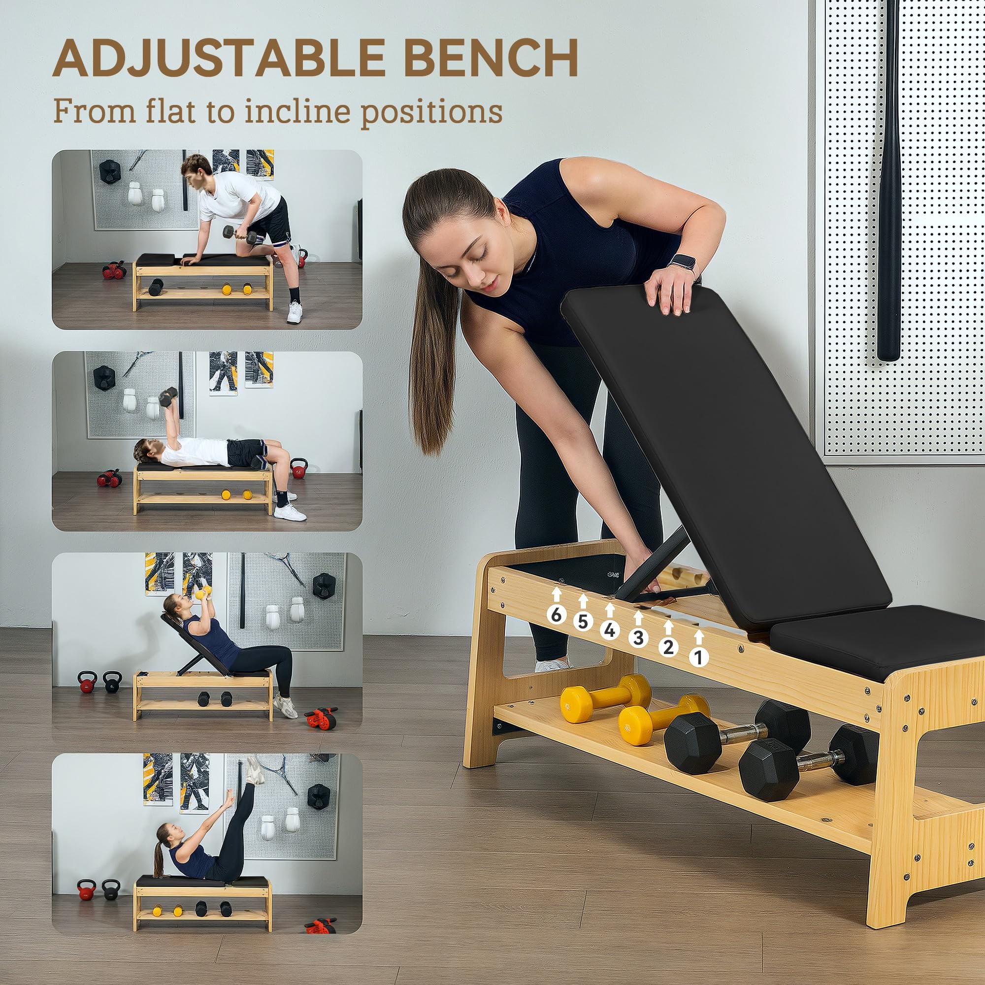 Soozier Adjustable Weight Bench with Dumbbell Rack - Wooden Workout Bench for Home Gym, Flat/Incline Exercise Bench for Strength Training & Weight Lifting - Perfect for Home Fitness, Bodybuilding & CrossFit Workouts