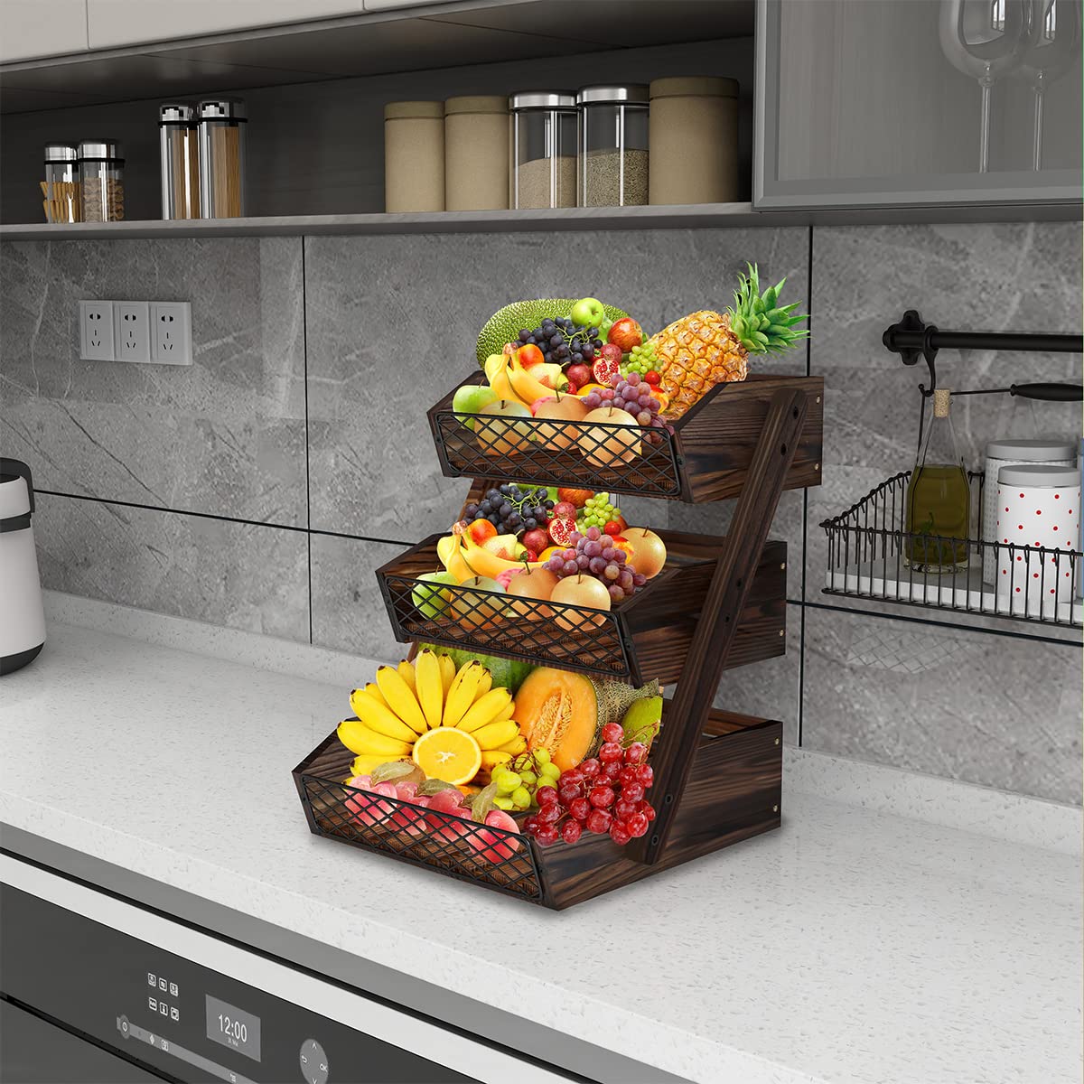 3-Tier Wooden Fruit Basket for Kitchen Countertop - Sturdy & Stylish Vegetable Holder for Apples, Bananas, Oranges - Perfect for Dining Room, Pantry & Farmhouse Decor
