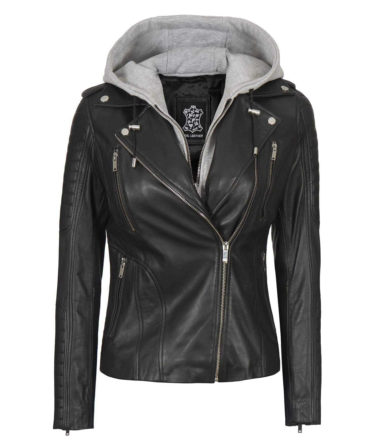 Decrum Women's Real Lambskin Leather Jacket with Removable Hood - Brown & Black Casual Biker Jacket for Women | Perfect for Motorcycle Riding, Fall Fashion & Outdoor Adventures