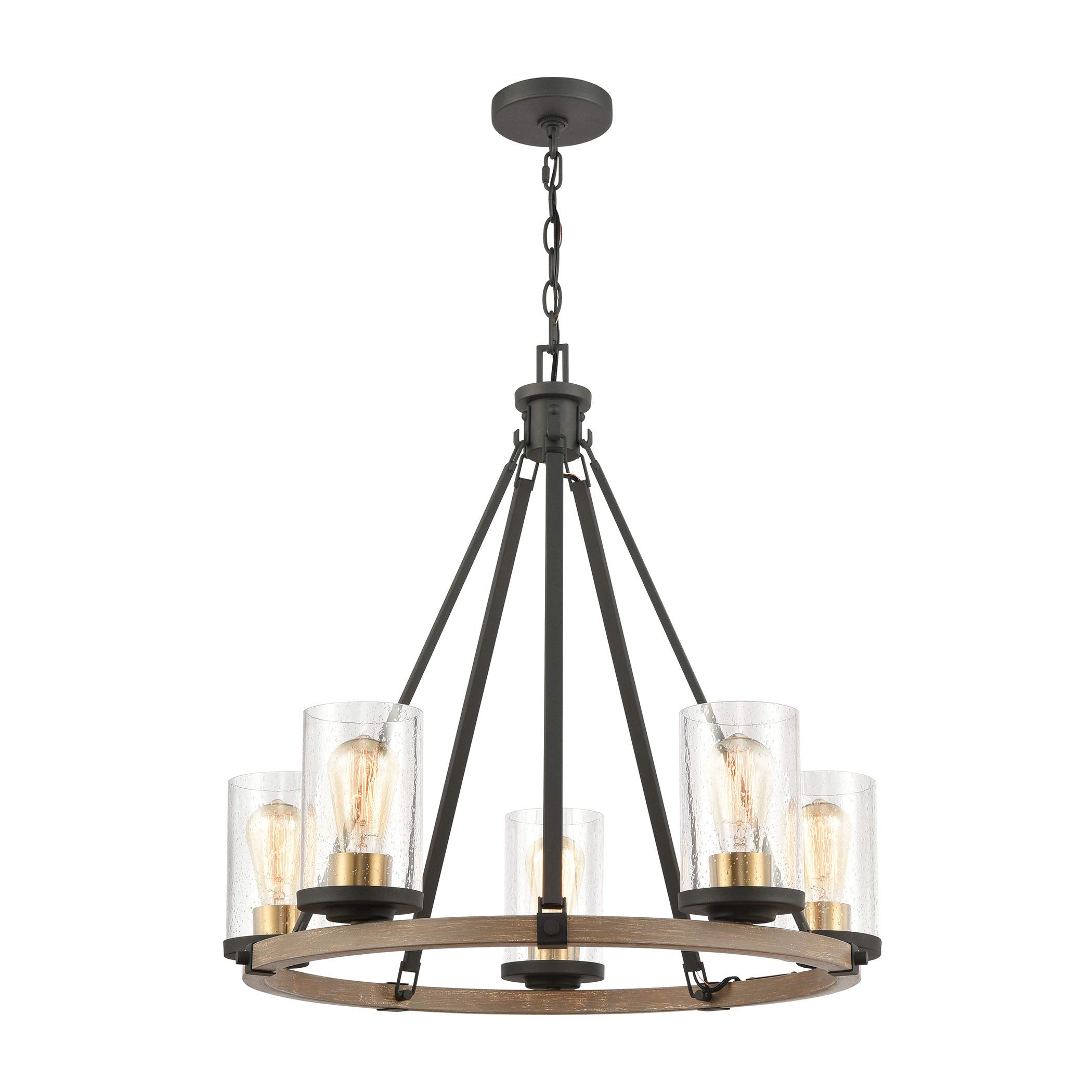 Geringer 5-Light Modern Chandelier in Charcoal Finish with Beechwood Accents and Seedy Glass Shades - Perfect for Dining Room, Living Room or Bedroom Lighting