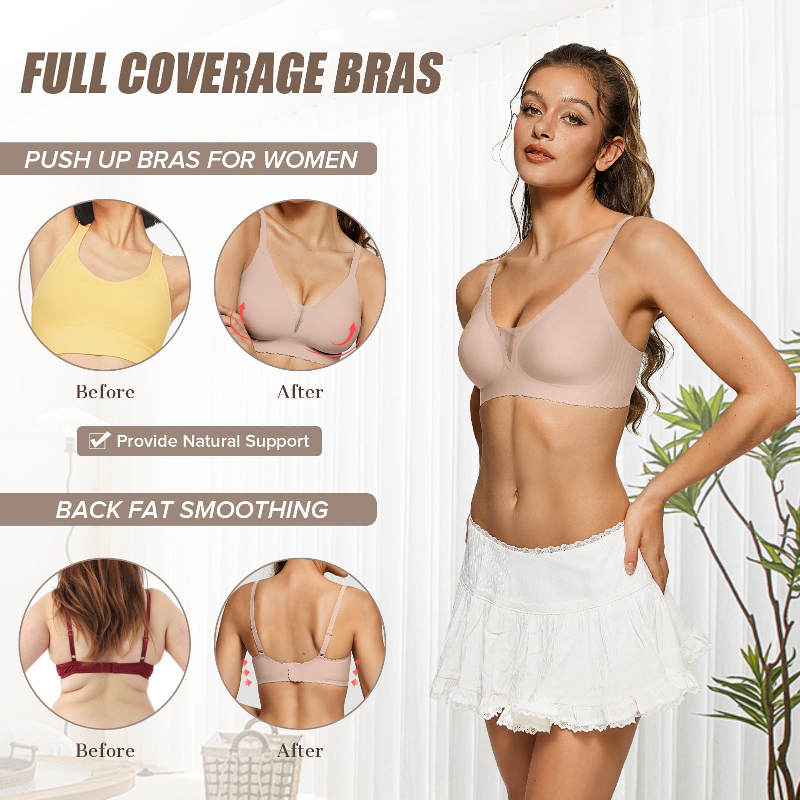 OEAK Women's Comfortable Wireless Push Up Bralette - Scalloped Mesh Seamless T-Shirt Bra with Deep V Neckline for Everyday Wear | Perfect for Work, Yoga & Casual Outfits