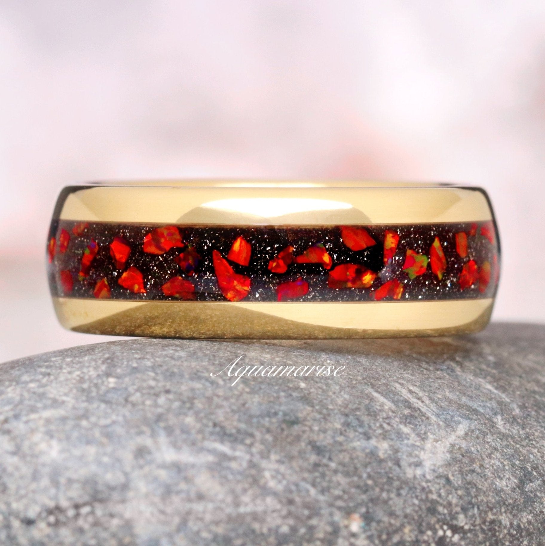Red Fire Opal & Starry Night Wedding Band - 8MM Gold Tungsten Ring for Men & Women - Perfect for Engagement, Anniversary & Romantic Gifts