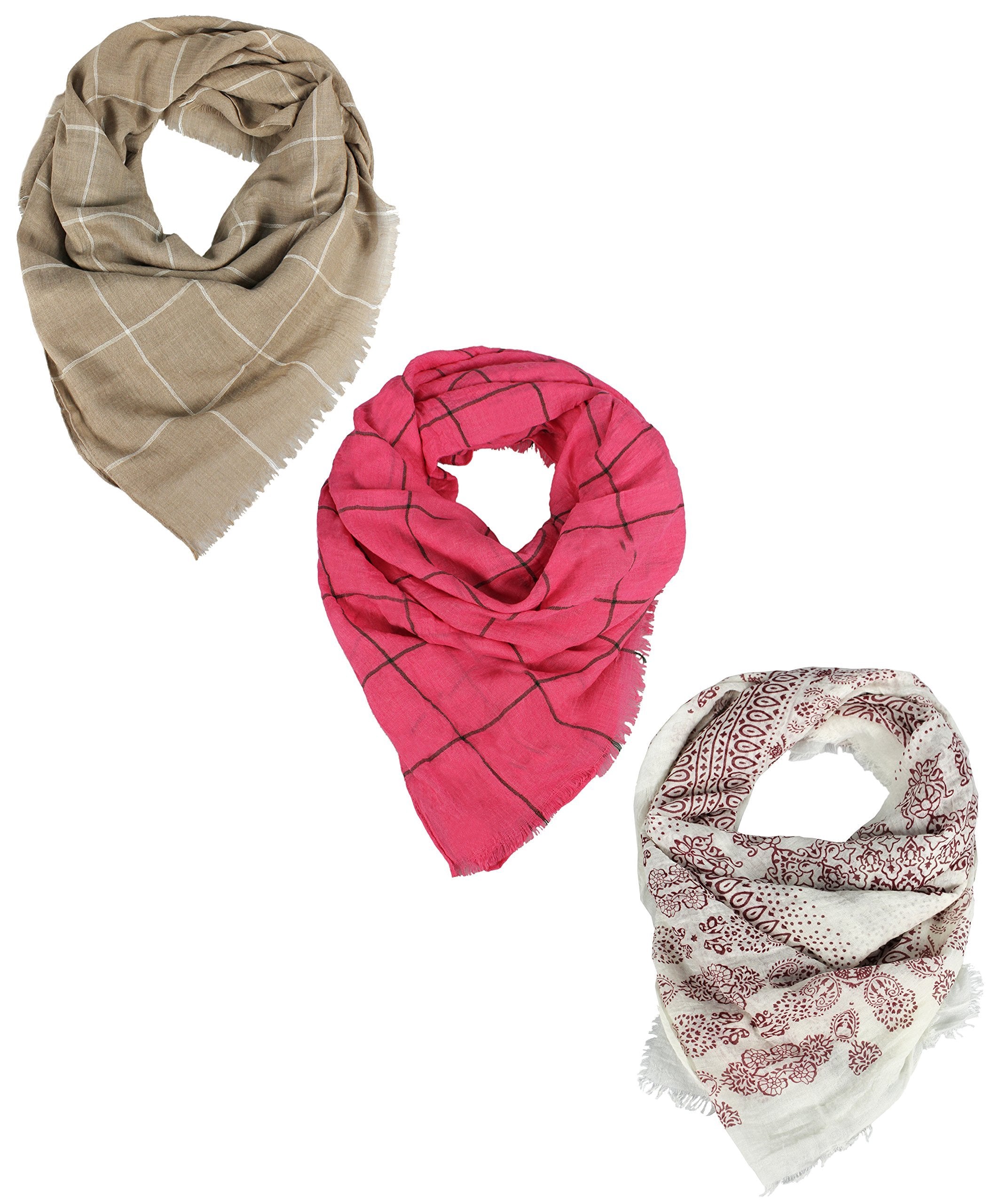 Elegant Taupe Pink White Peach Women's Long Sheer Scarf Set of 3 - Boho Summer Shawls & Wraps for Beach, Travel, and Casual Outfits