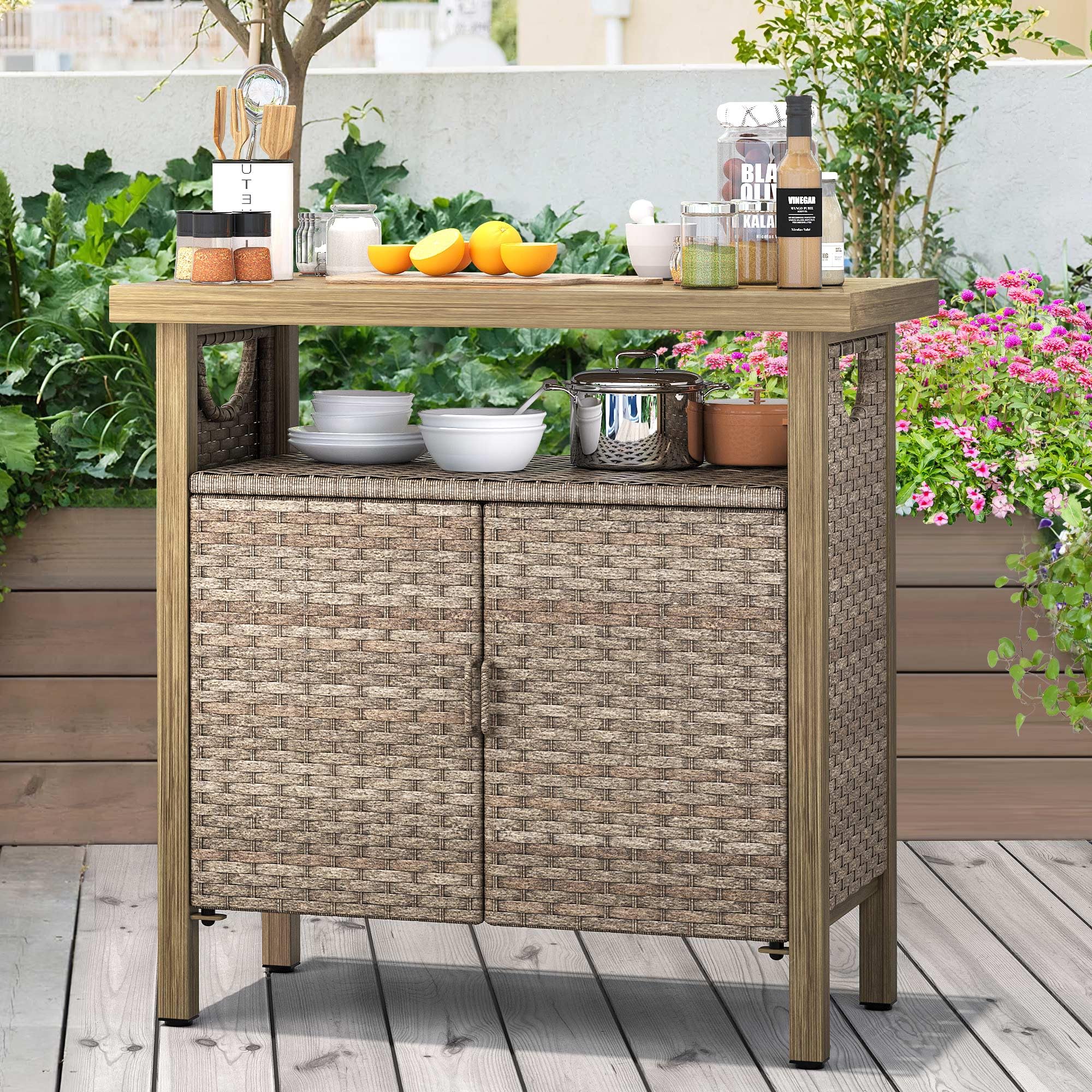 YITAHOME Outdoor Storage Cabinet with Two Doors and Shelves - Weatherproof Wicker Patio Bar Table for Cushions, Pool Tools & Garden Supplies - Brown - Perfect for Backyard, Patio, and Poolside Organization