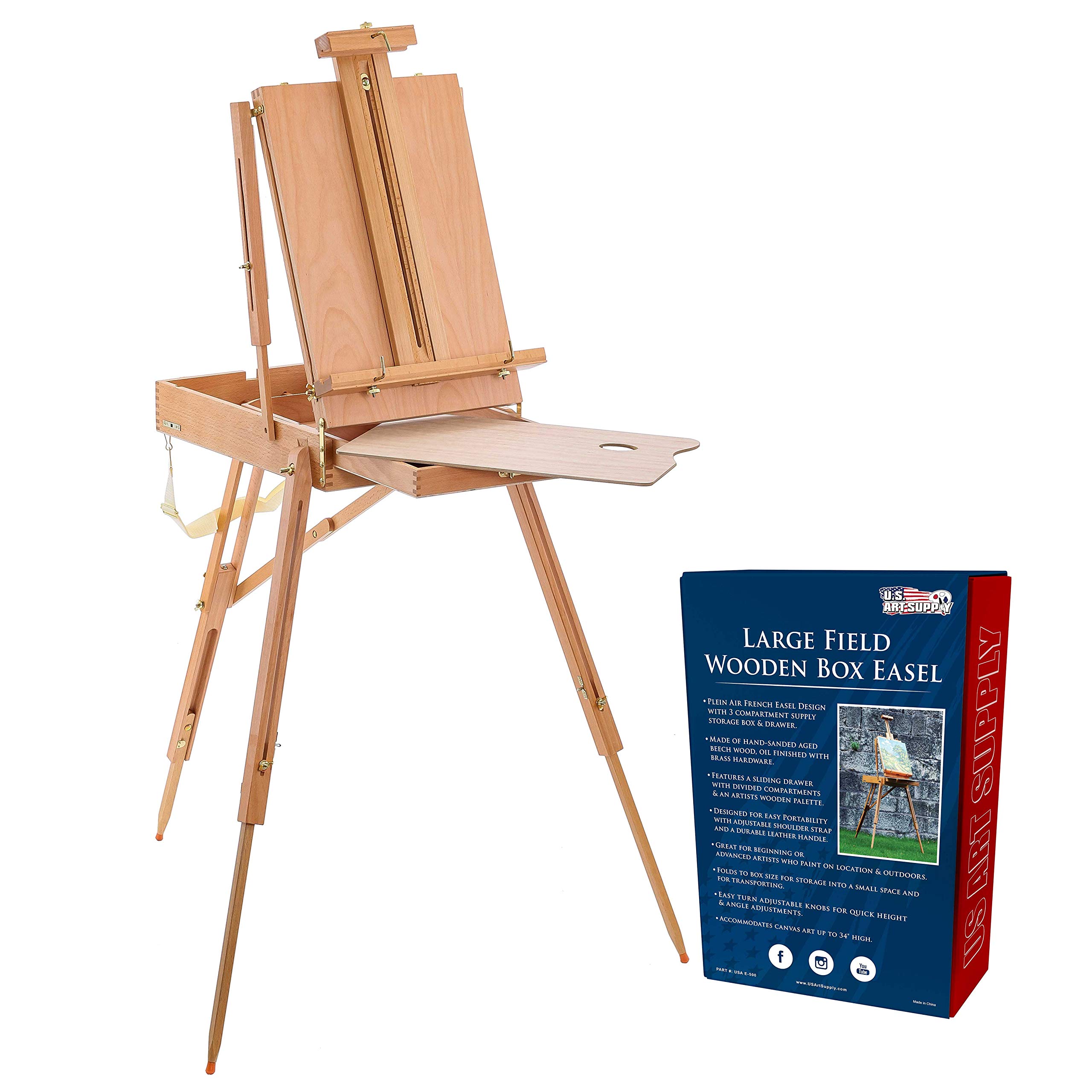 Premium Beechwood French Style Field & Studio Sketchbox Easel - Adjustable Wood Tripod Stand with Artist Drawer & Palette for Painting, Sketching, Display - Perfect for Outdoor Plein Air & Indoor Art Studio Use