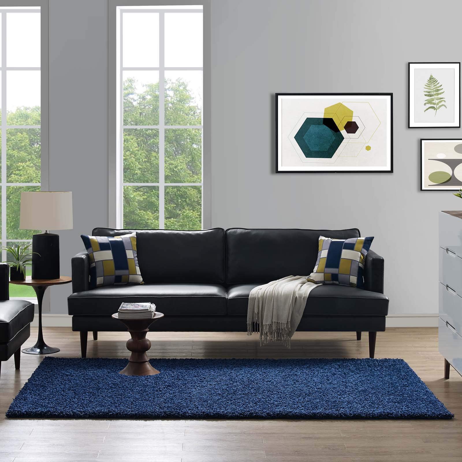Modern Contemporary Urban Design Navy Blue Area Rug - Non-Slip Living Room Carpet, Soft Fabric Runner for Lounge, Bedroom & Hallway Decor - Perfect for Home, Office & Dorm