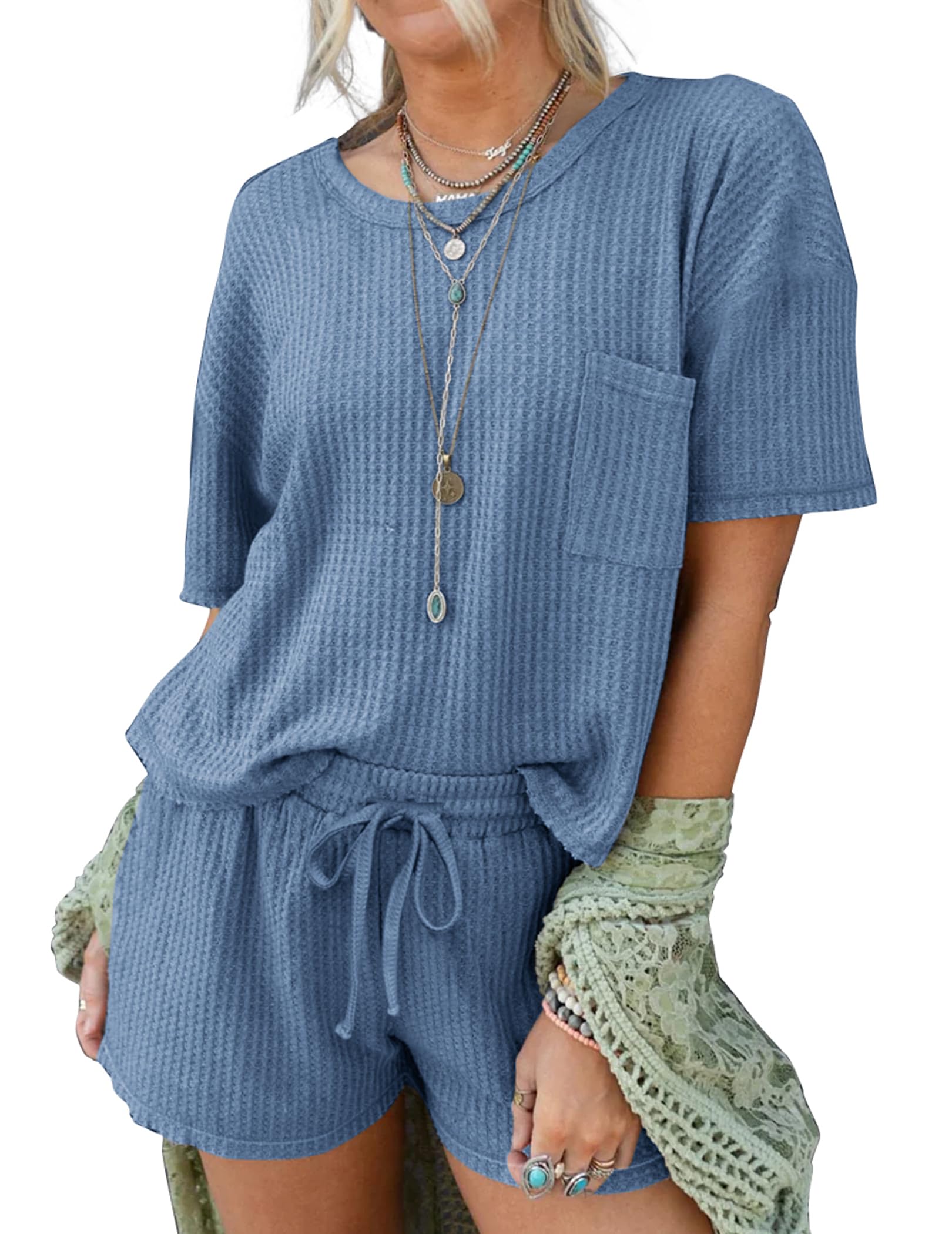 Andeip Women's Waffle Knit Pajama Set - Short Sleeve Top & Shorts 2-Piece Loungewear with Pockets | Soft Sleepwear for Women, Cozy Home Outfit, Relaxing Nightwear for Lounge & Sleep