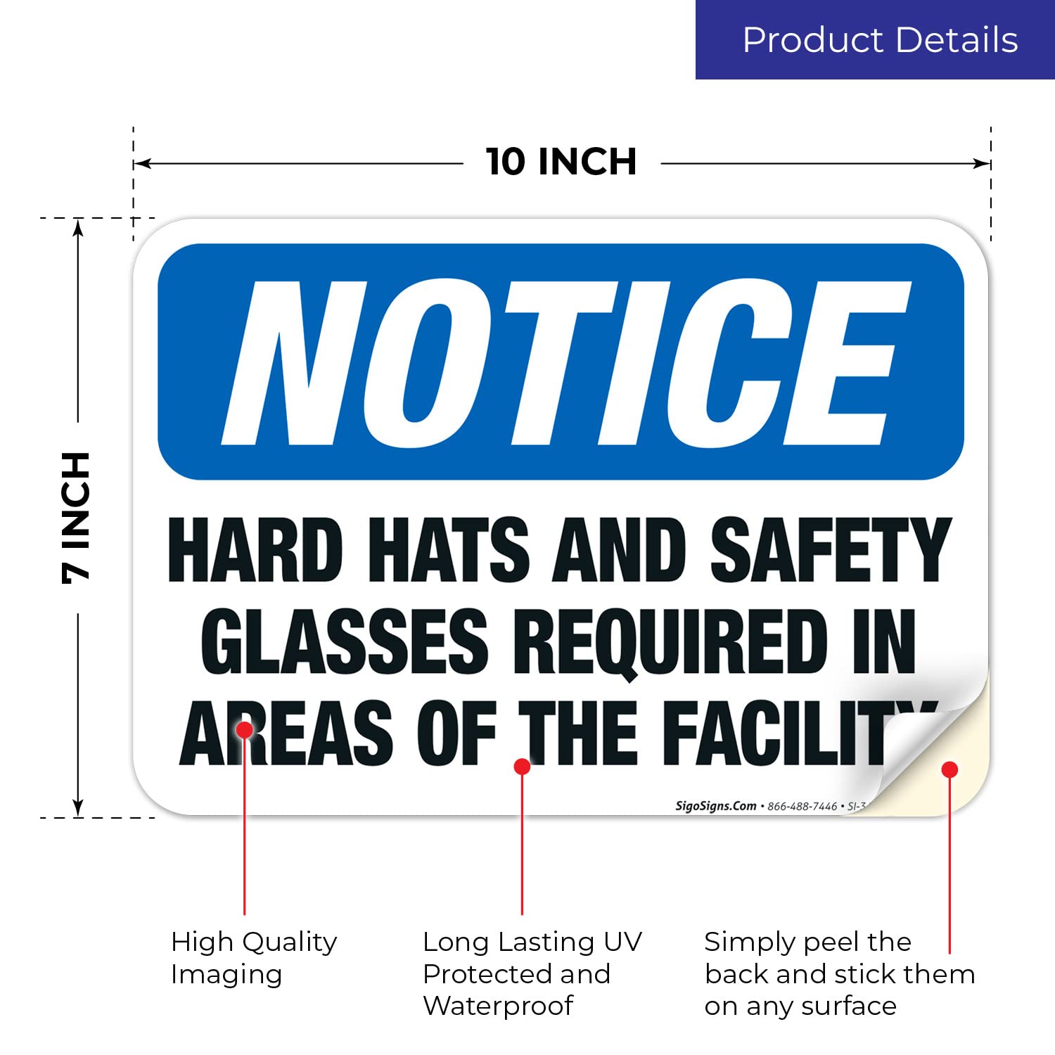 OSHA Compliant Facility Safety Signs - 10x7 Inch Hard Hat & Safety Glasses Required Vinyl Decal | Durable 4 Mil Weatherproof & UV Resistant Sticker | Made in USA | Perfect for Construction Sites, Warehouses & Industrial Areas