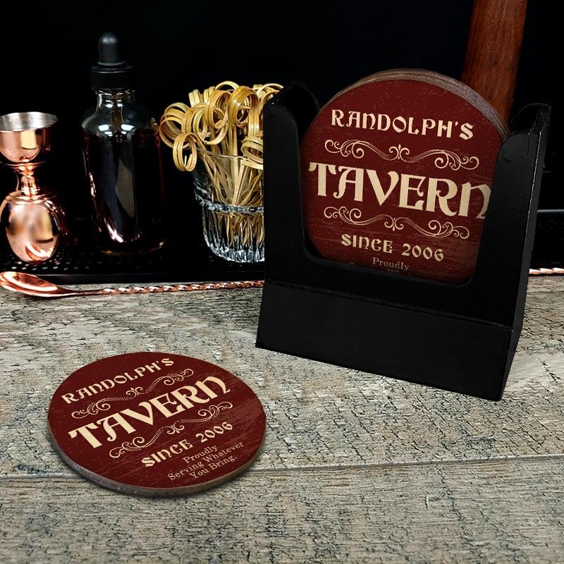 Customizable Wooden Coasters - Tavern Theme Round Set of 4 - Perfect for Pubs, Bars, and Home Decor Gifts