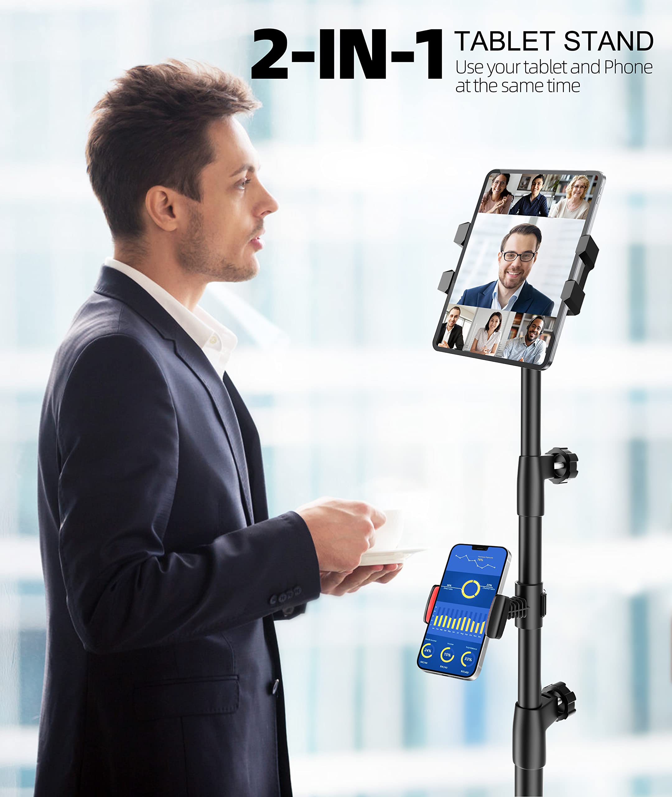 Adjustable iPad Tripod Stand with 2 Holders - Compatible with iPad Pro 12.9/11/10.5/9.7, iPad Air, iPad Mini 6/5/4/3/2, Samsung Tab, Nintendo Switch & All 4-13 Inch Tablets & Phones - Perfect for Home Office, Video Calls, Streaming & Photography
