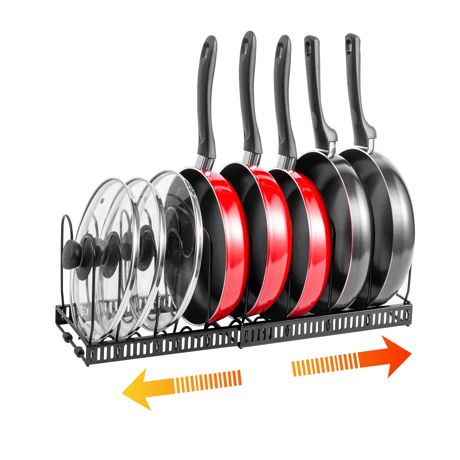 Expandable Pot and Pan Organizer Rack for Kitchen Cabinet - Adjustable Lid Holder with 10 Compartments, 3 DIY Installation Methods - Perfect for Small Kitchen Storage and Space Saving