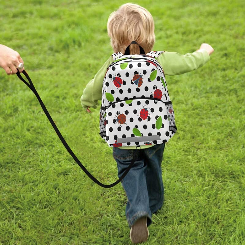 QUGRL Red Ladybugs Toddler Backpack with Black Polka Dots - Cute Kindergarten School Bag for Preschool & Nursery, Travel Backpack with Safety Leash Harness for Boys & Girls Ages 3-8 - Perfect for School, Daycare & Family Outings