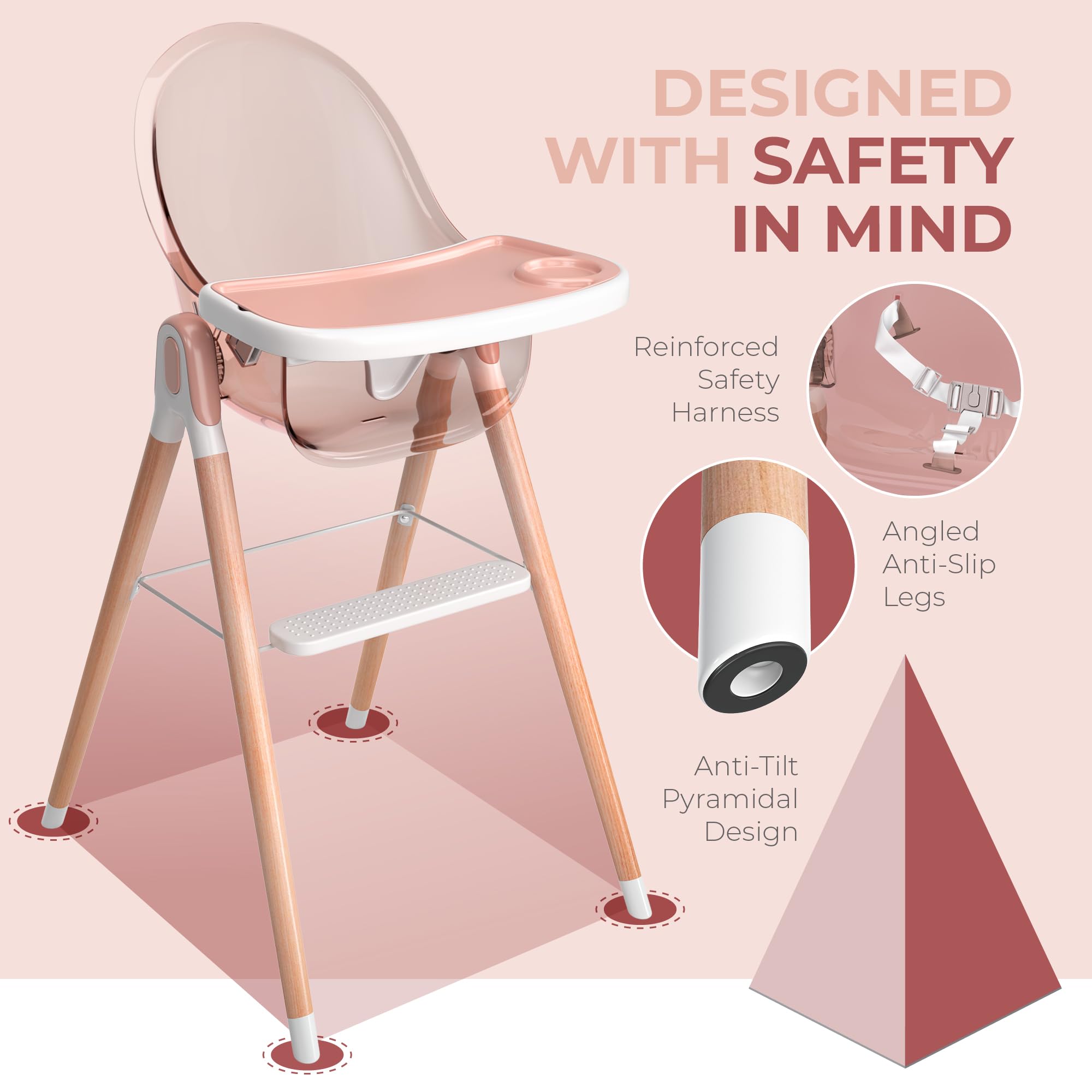 6-in-1 Deluxe Wooden High Chair for Babies & Toddlers - Modern, Safe & Compact Baby Highchair with Removable Tray | 6 Functions, 3 Seat Positions & 2 Height Adjustments | Easy to Clean & Assemble | Perfect for Dining, Feeding & Playtime (Pink)