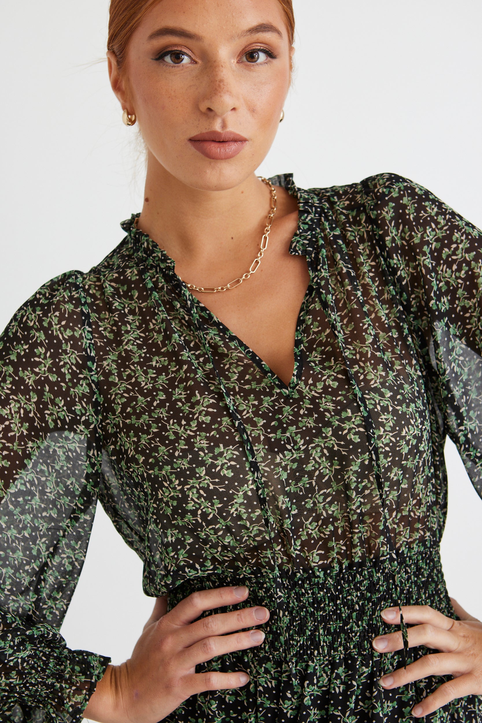 Charlie Green Floral Print Long Sleeve V-Neck Tiered Midi Dress for Women | Boho Chic Summer Dress for Beach, Party & Casual Wear