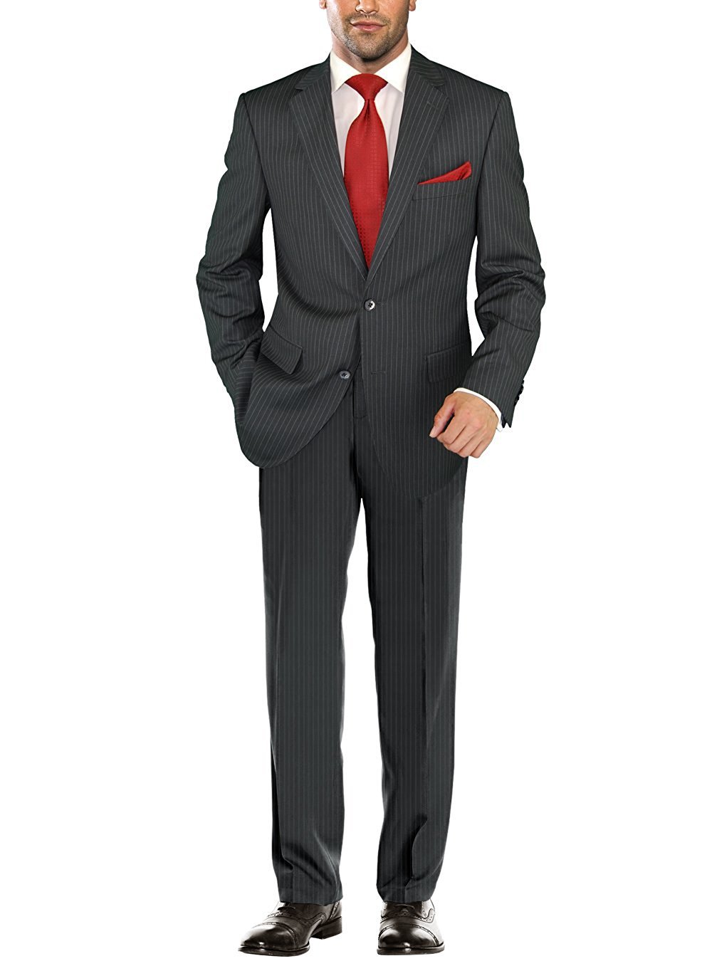 Salvatore Exte Men's Slim Fit Two Button 2 Piece Suit Set with Jacket & Flat Front Pants - Classic Striped Business Suit for Office, Wedding & Formal Events