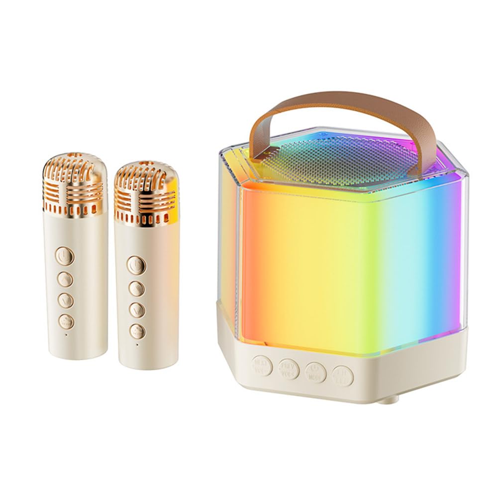 Mkcavne Bluetooth Karaoke Machine with Microphones - Portable Speaker with Bass & Dazzling LED Lights for Adults & Kids - Perfect for Home Parties, Outdoor Gatherings & Family Singing Fun (White)