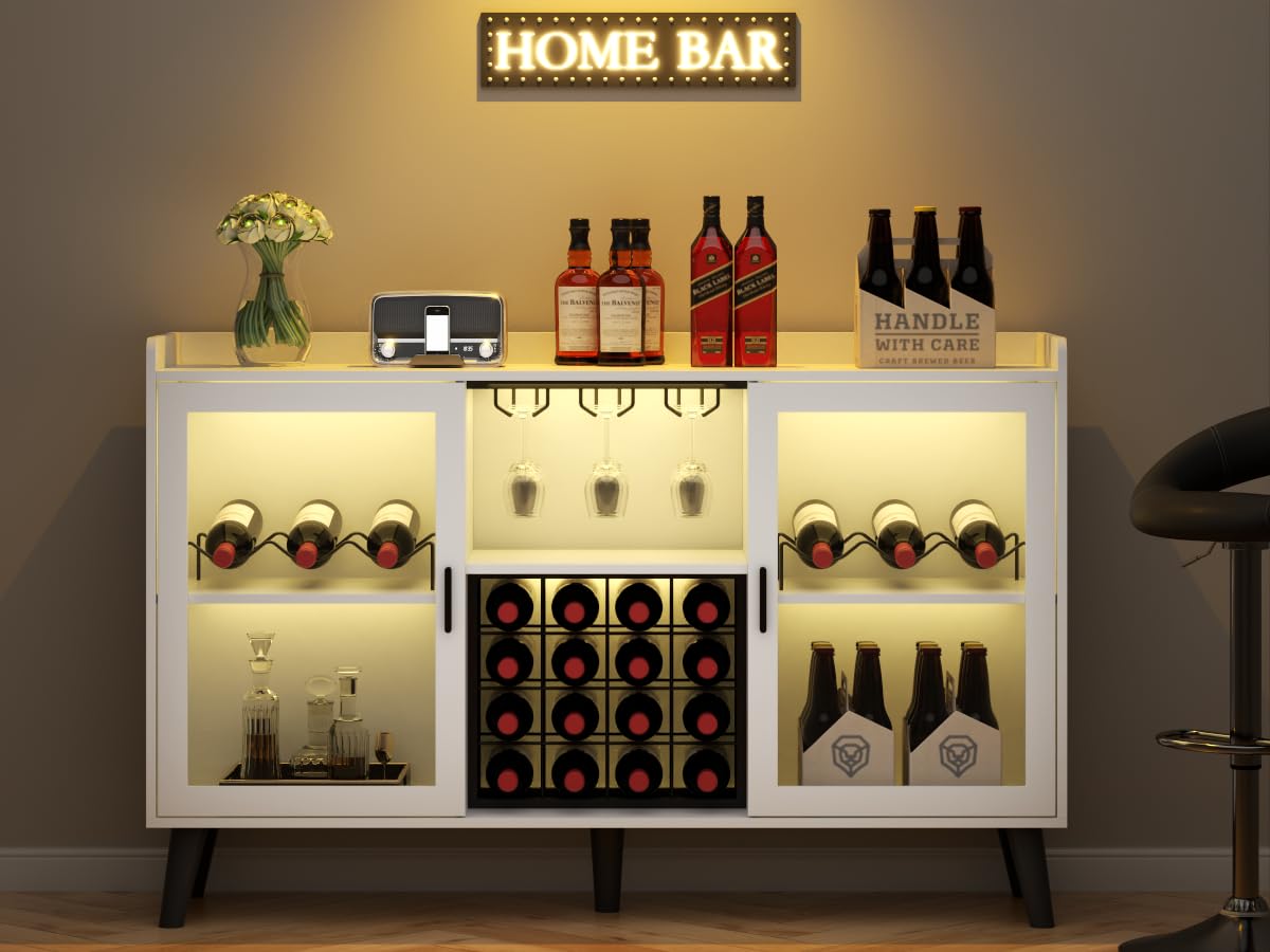White Wine Bar Cabinet with LED Lighting - Freestanding Kitchen Buffet Sideboard with Glass Rack & Storage Shelves for Living Room, Dining Room - Perfect for Home Entertaining & Coffee Station Setup