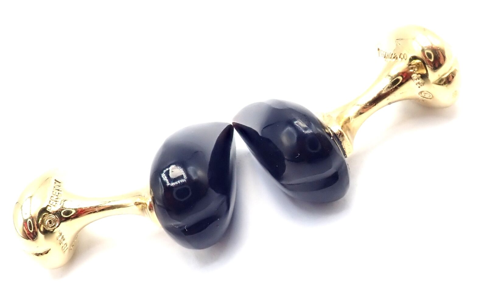 Authentic Tiffany & Co Peretti 18k Yellow Gold Black Onyx Teardrop Cufflinks for Men - Luxury Formal Wear Accessories for Weddings & Business Events