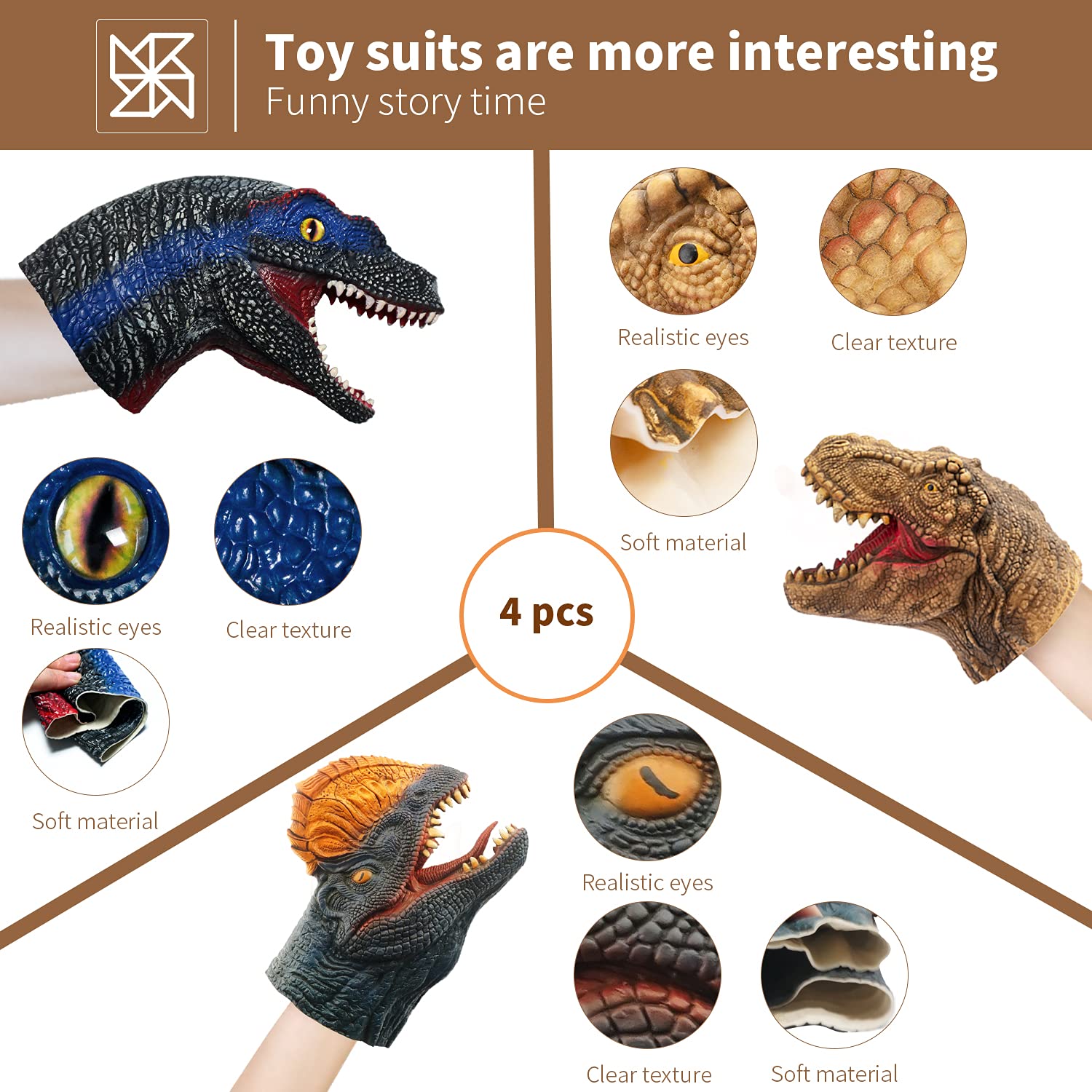 Realistic Latex Dinosaur Hand Puppets Set - Tyrannosaurus, Dilophosaurus & Velociraptors - Soft Animal Head Toys for Kids, Perfect Gift for Imaginative Play, Classroom Activities & Birthday Party Shows