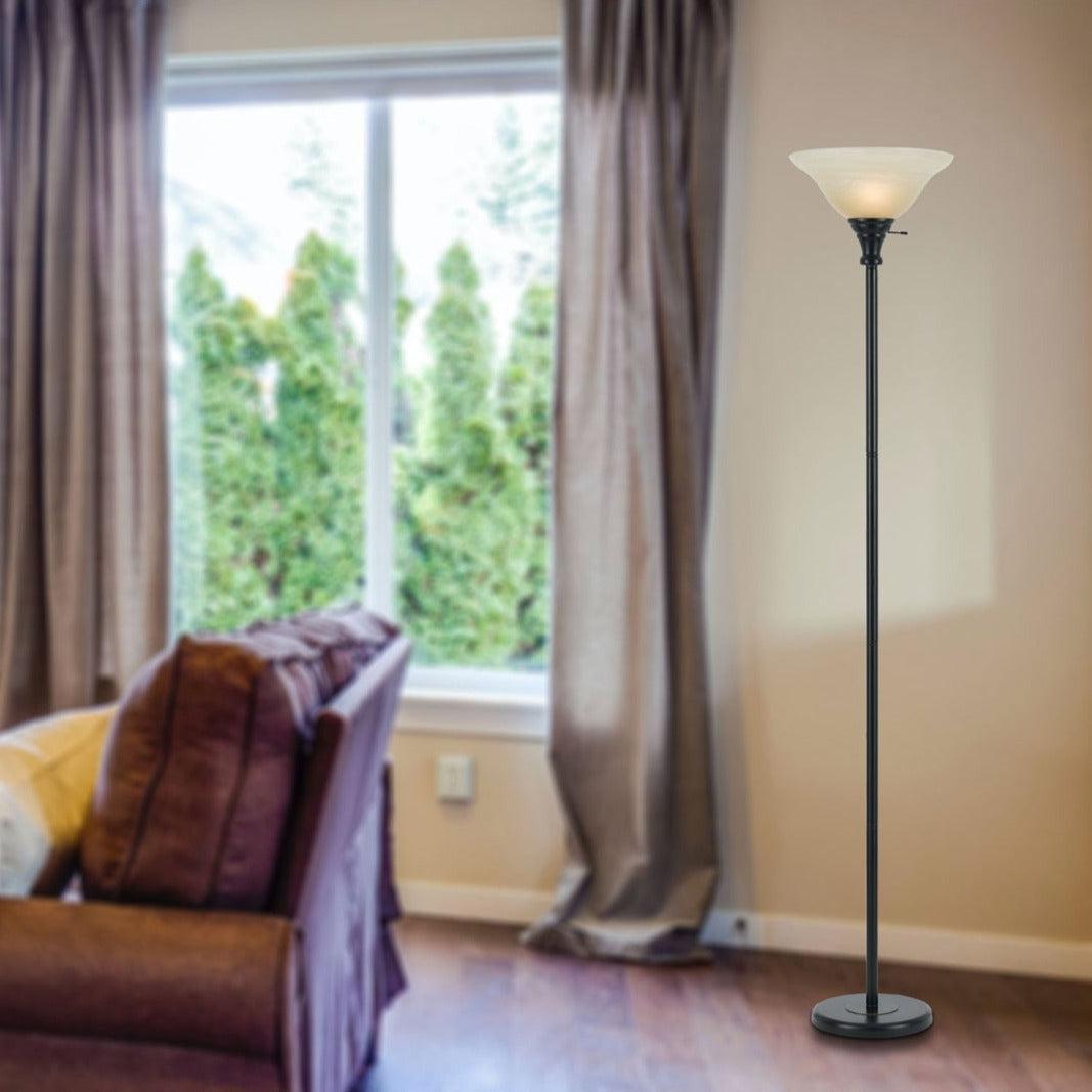 150W 3-Way Torchiere Floor Lamp with Glass Shade in Dark Bronze - Adjustable Brightness for Living Room, Bedroom & Office Lighting | Cal Lighting
