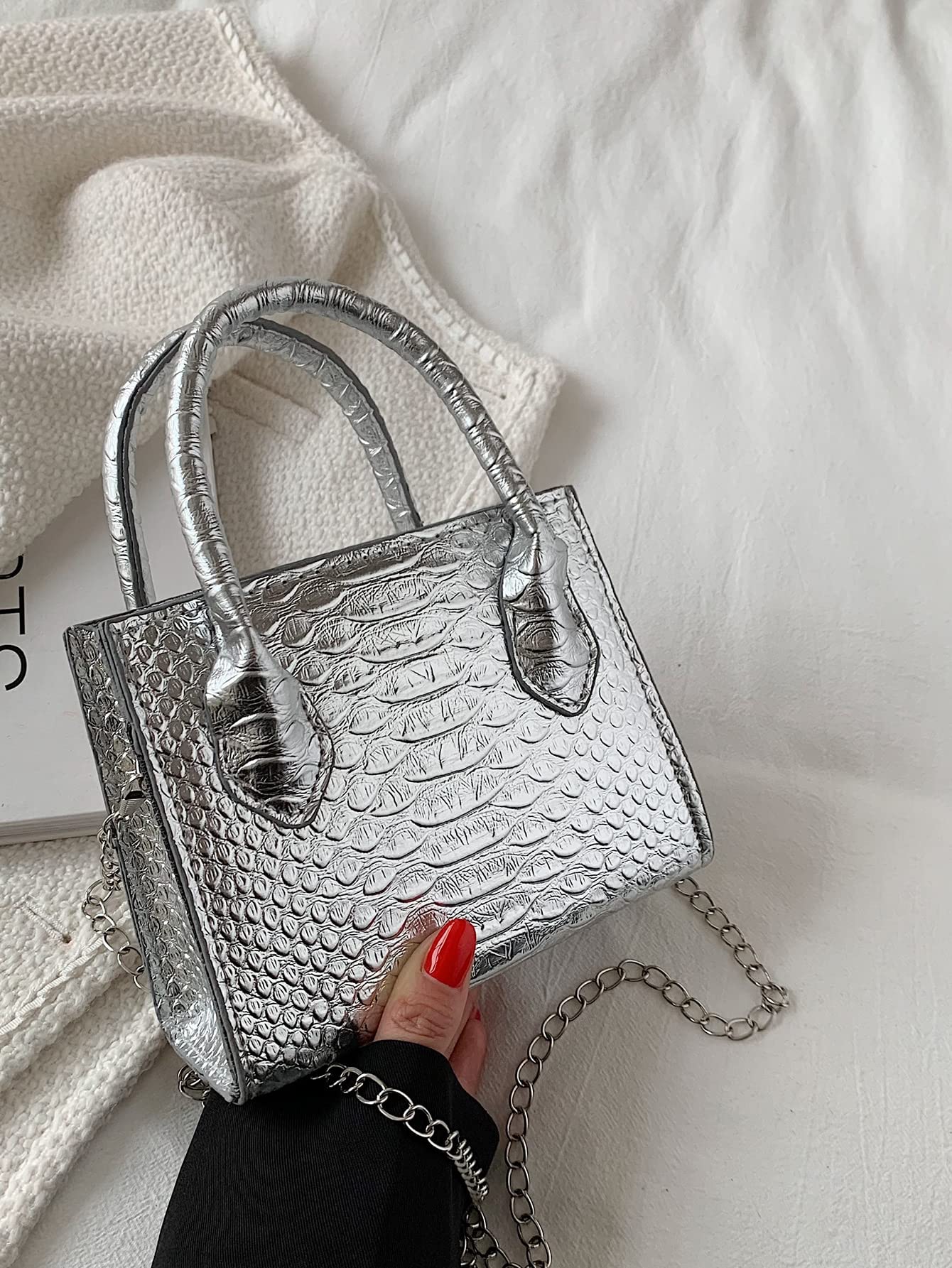 GORGLITTER Women's Small Crossbody Bag - Mini Purse with Metallic Crocodile Print, Double Handle Satchel Shoulder Bag for Daily Use, Travel & Shopping