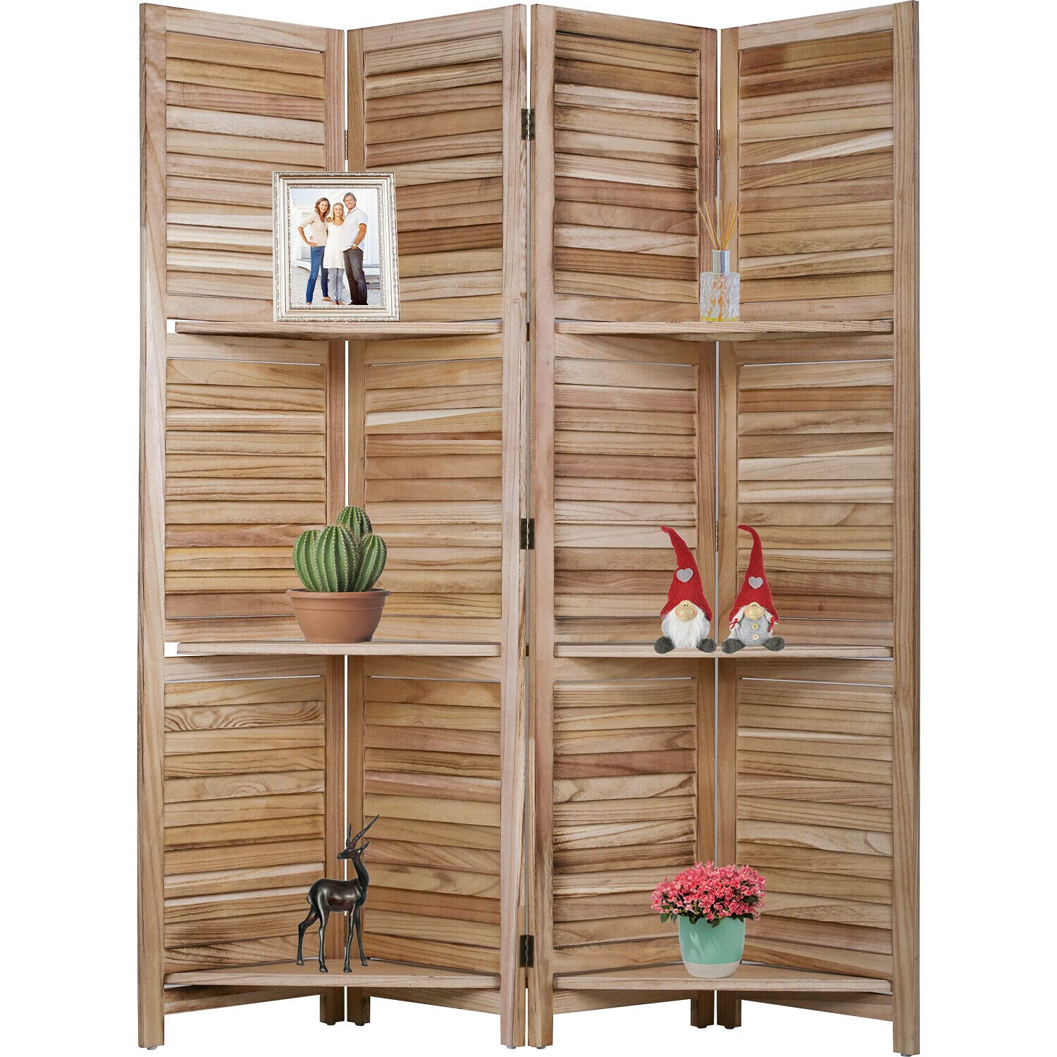 4 Panel Wooden Room Divider with 3 Shelves - Folding Privacy Screen for Home & Office - Brown - Perfect for Room Separation, Home Decor, and Space Organization