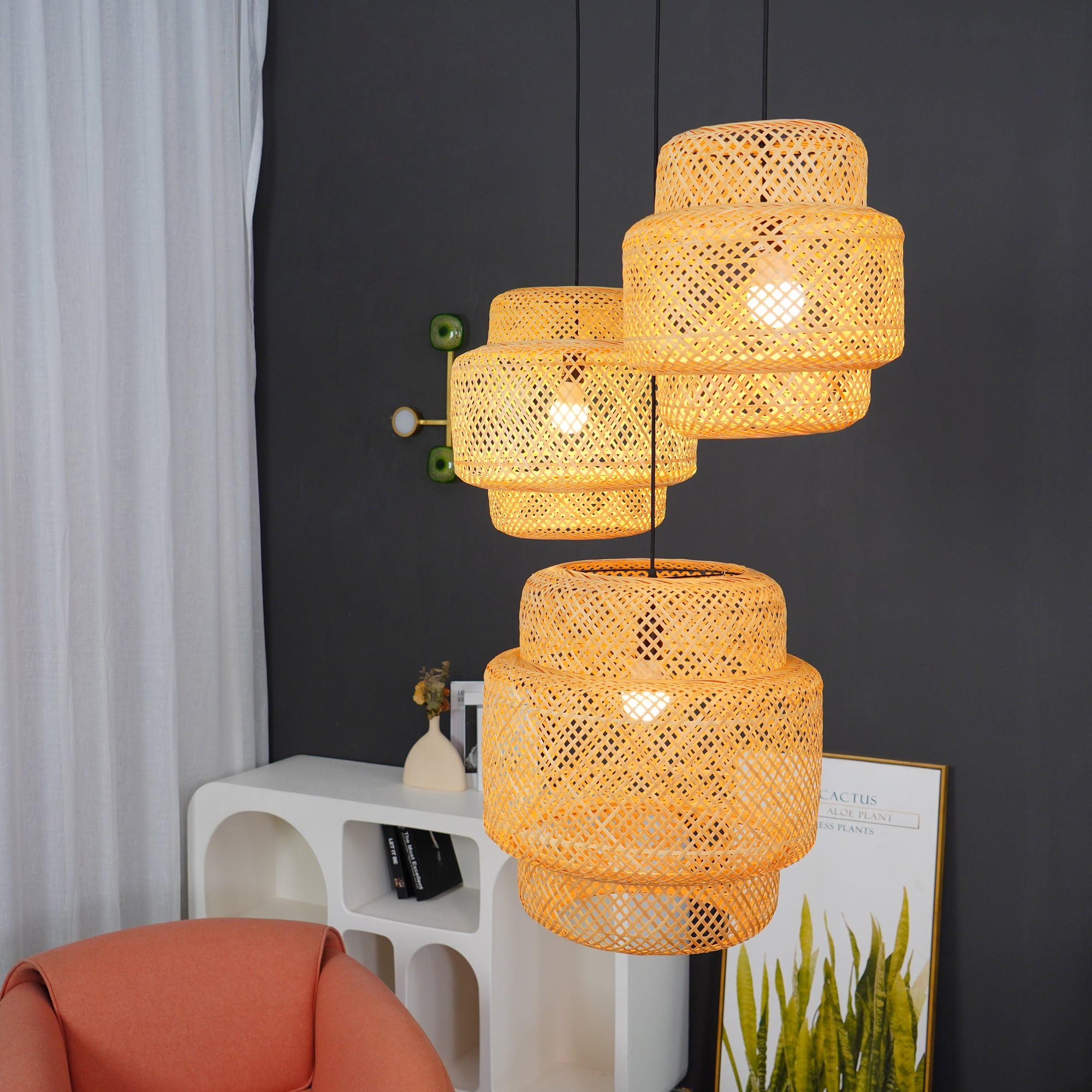 Modern Bamboo Pendant Light Fixture - Handwoven Natural Rattan Hanging Lamp for Kitchen Island, Dining Room & Bedroom Decor - Eco-Friendly Lighting Solution