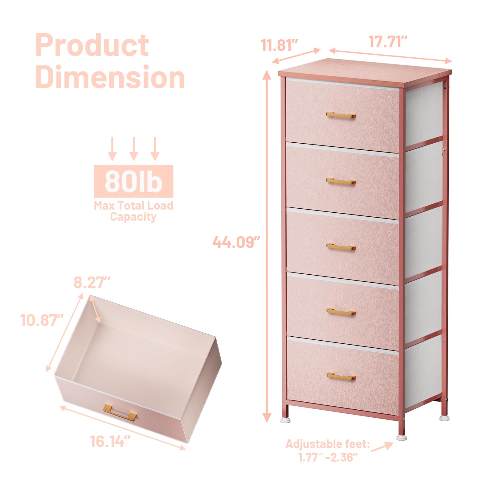 5-Drawer Tall Dresser for Bedroom - Pink Storage Tower with Sturdy Steel Frame, Fabric Bins & Wood Top - Perfect for Kids Room, Nursery, Closet or Living Room Organization - Elegant Leather Finish Dresser for Girls Bedroom Decor