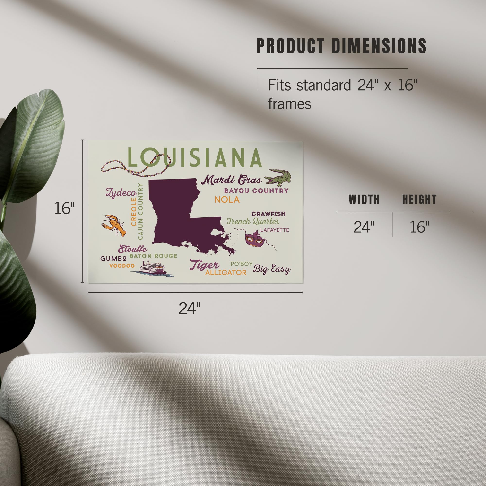 Lantern Press 16x24 Inch Giclee Art Print - Louisiana State Typography & Icon Wall Decor - Perfect for Home, Office & Gift Giving